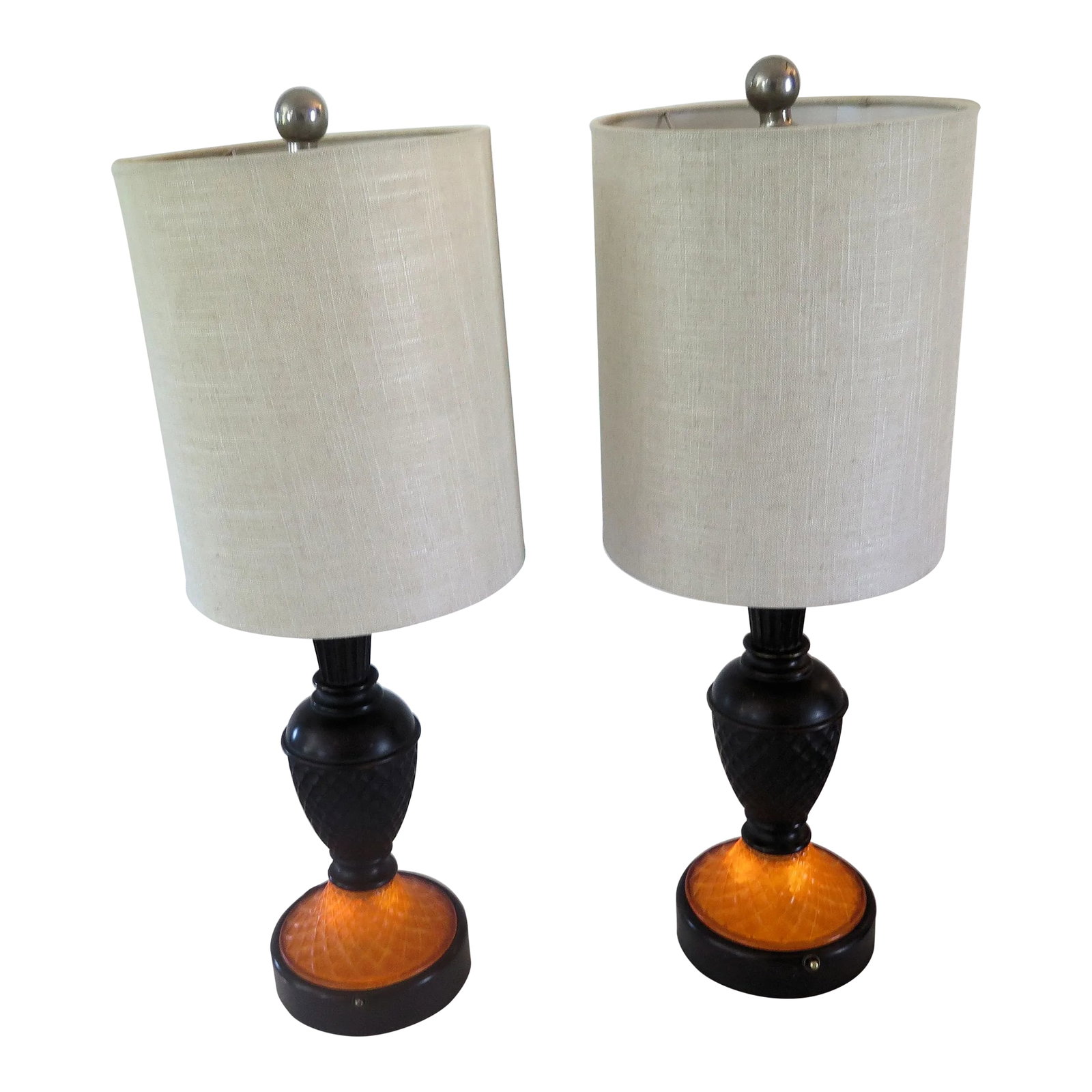 Mid-Century Style Lit Base Pineapple Design Table Lamps/A Pair: I saw these in a vintage store where I was drawn to the lamps because of the pumpkin color Lucite base that was lit and seemed so inviting, especially for my bedroom, where I can use them as lamps and