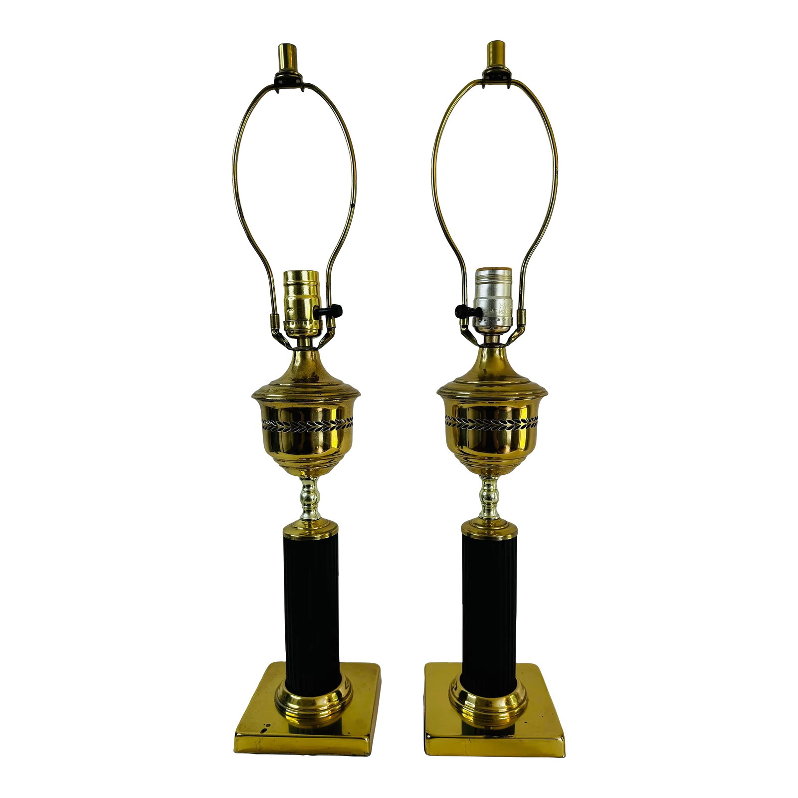 Vintage 1960s Brass Column-Style Table Lamps, a Pair: Vintage 1960s pair of brass column-style table lamps. The lamps are wired for the US and in working condition. The lamp has a laurel wreath accent. The socket is 16.75"H. Harp is 4.25" Dia x 8.75"H. V