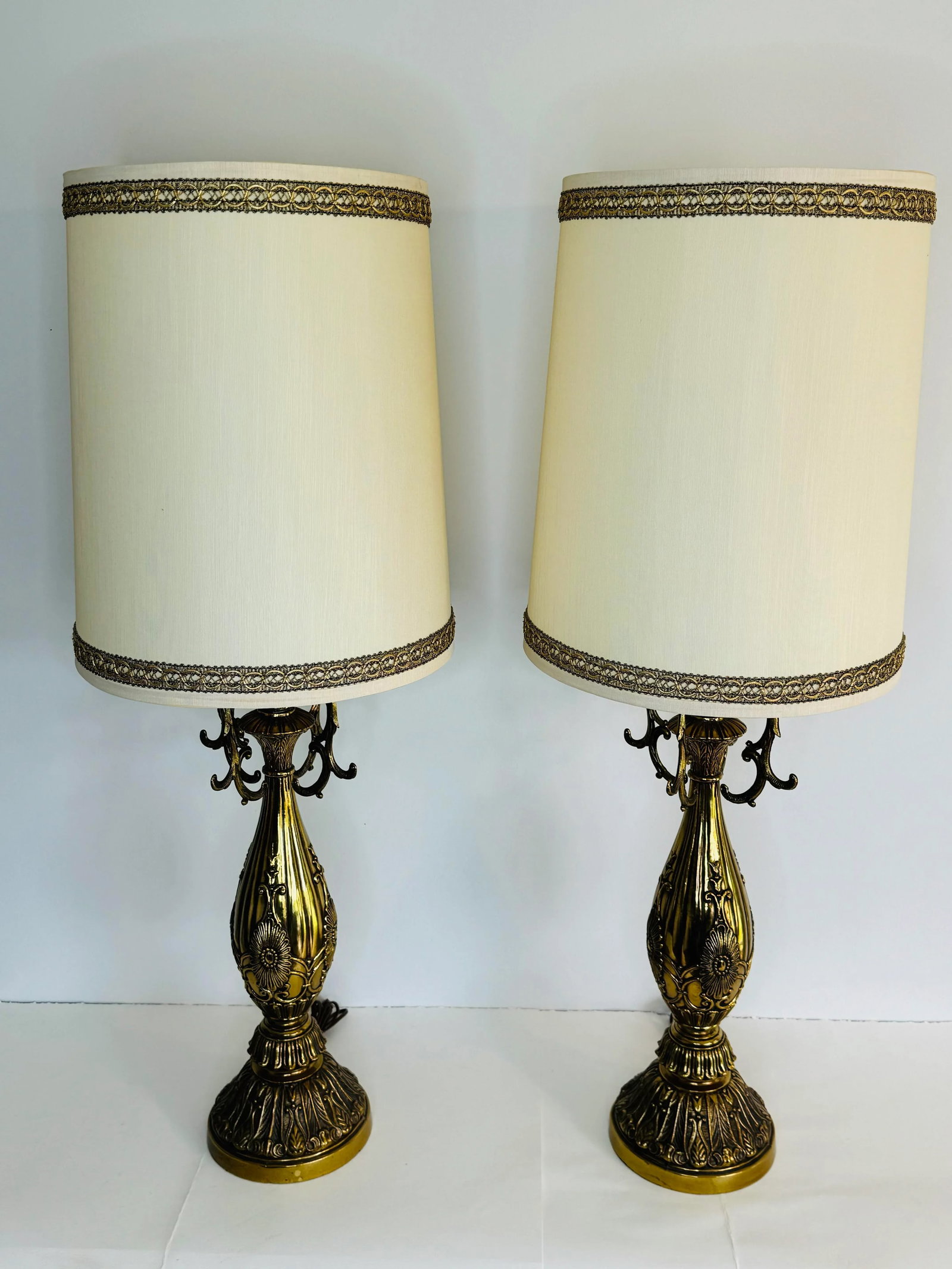 Vintage 1960s Floral Brass Table Lamps With Shades, a Pair - 2