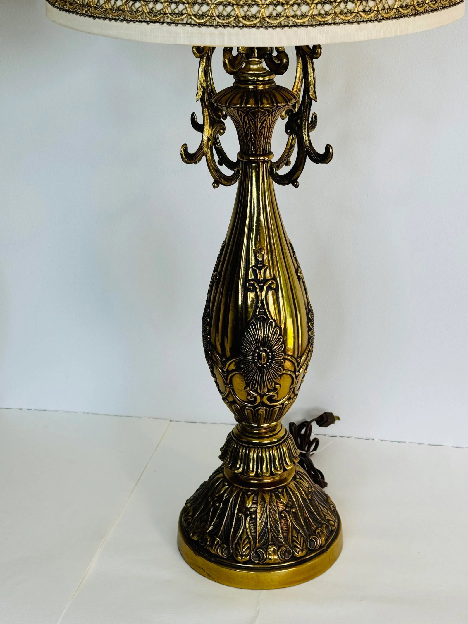 Vintage 1960s Floral Brass Table Lamps With Shades, a Pair - 3