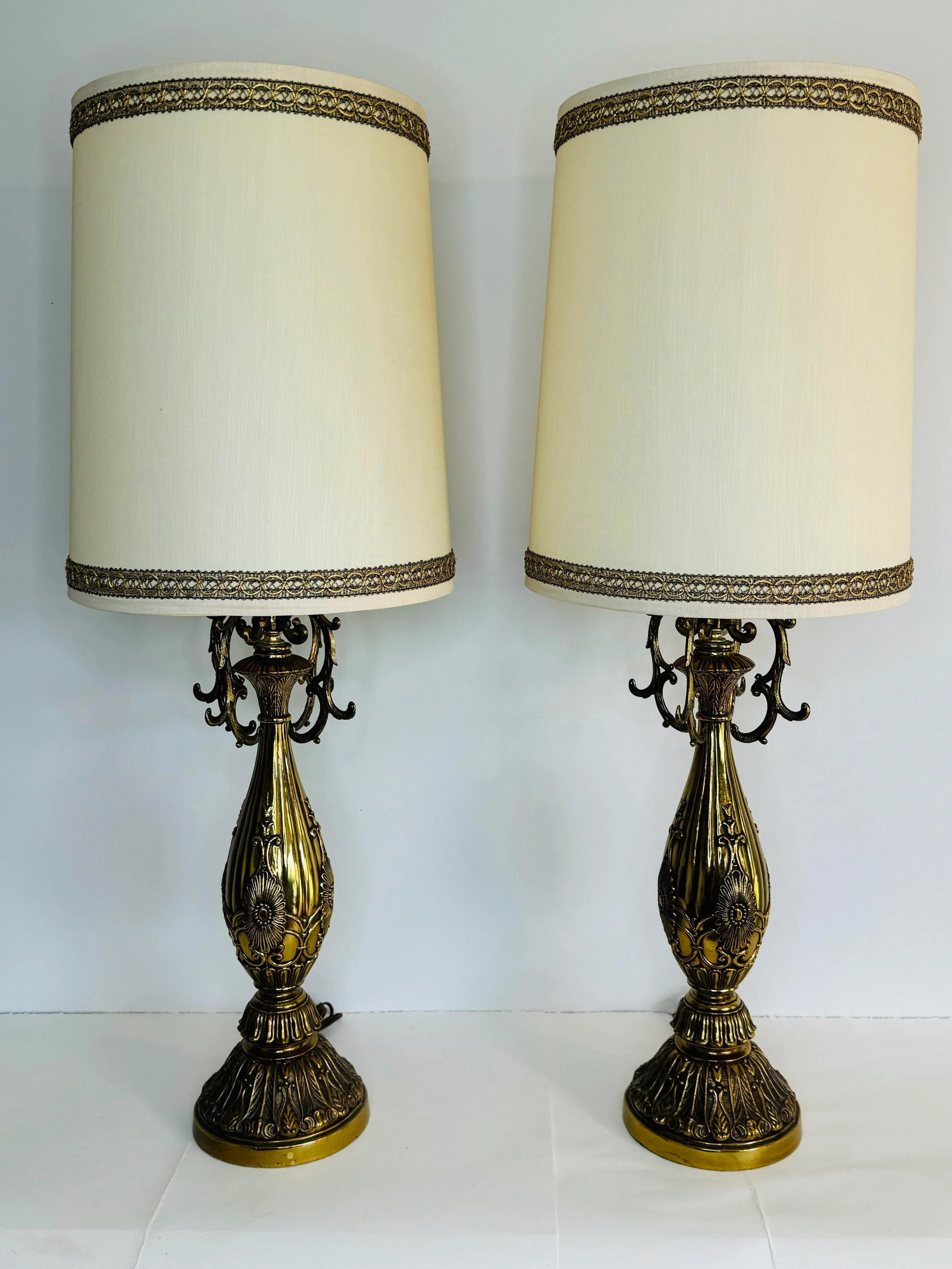 Vintage 1960s Floral Brass Table Lamps With Shades, a Pair - 4