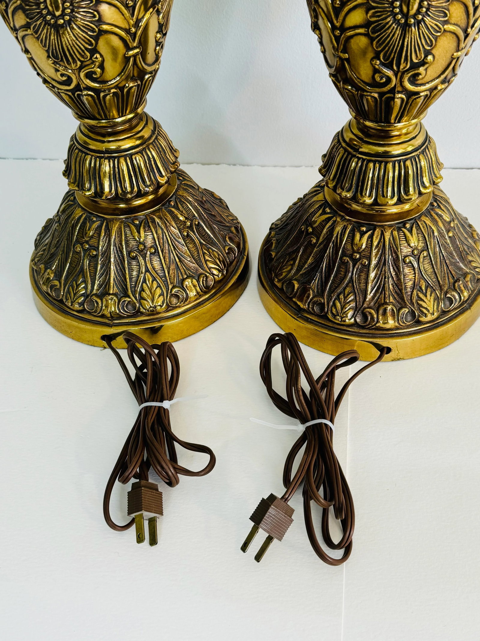 Vintage 1960s Floral Brass Table Lamps With Shades, a Pair - 5