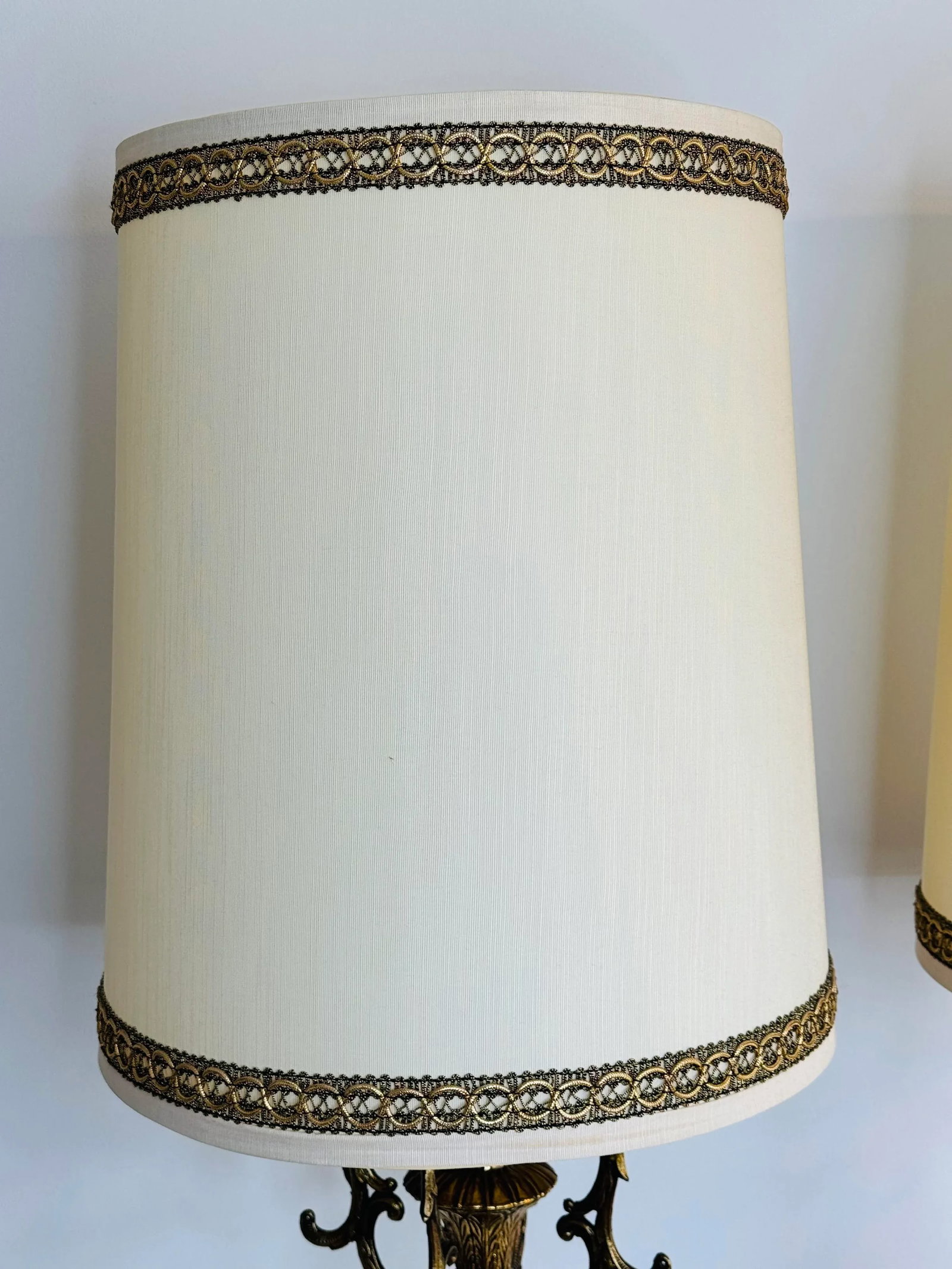 Vintage 1960s Floral Brass Table Lamps With Shades, a Pair - 9