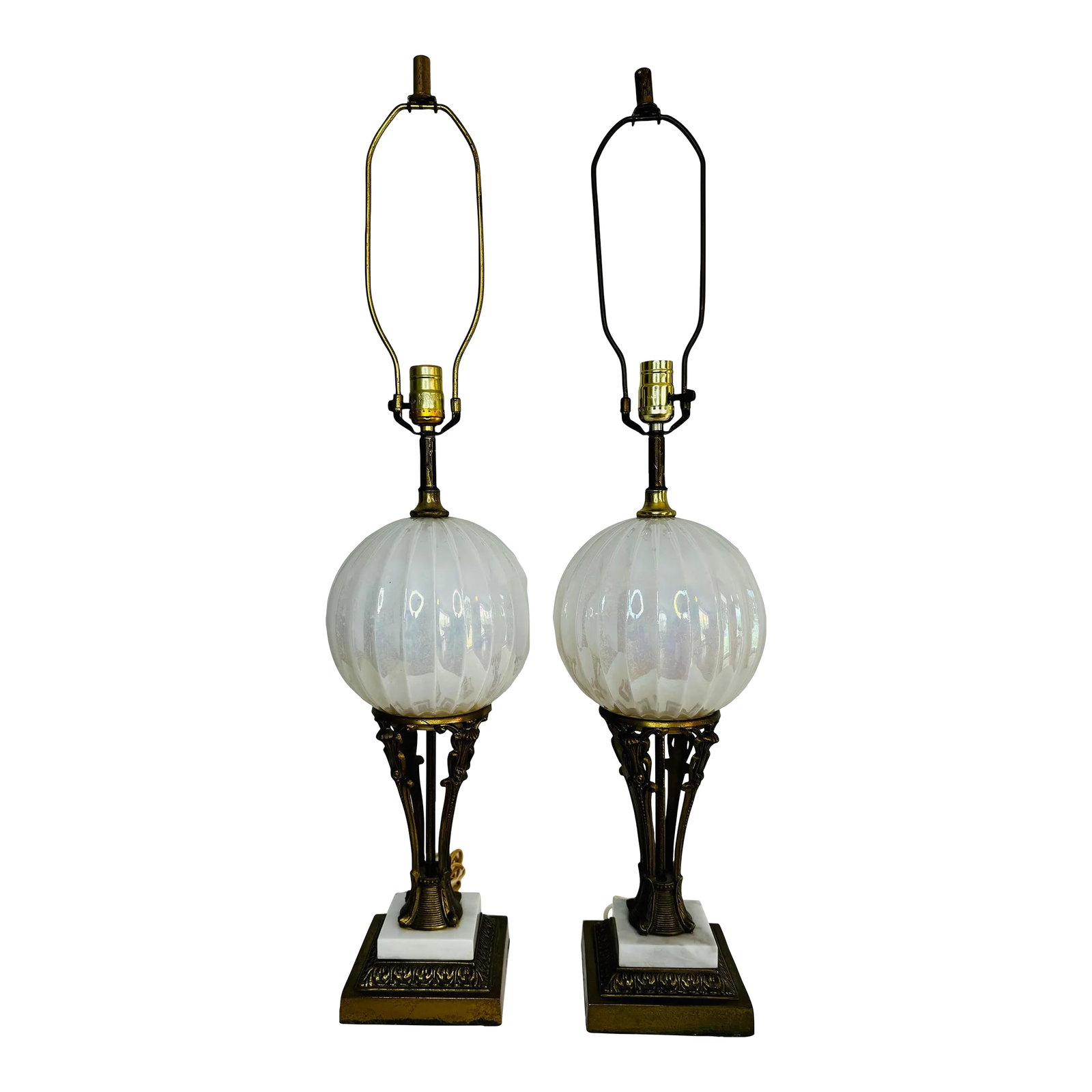 Vintage 1960s Brass and White Iridescent Glass Table Lamps, a Pair (1 of 11)
