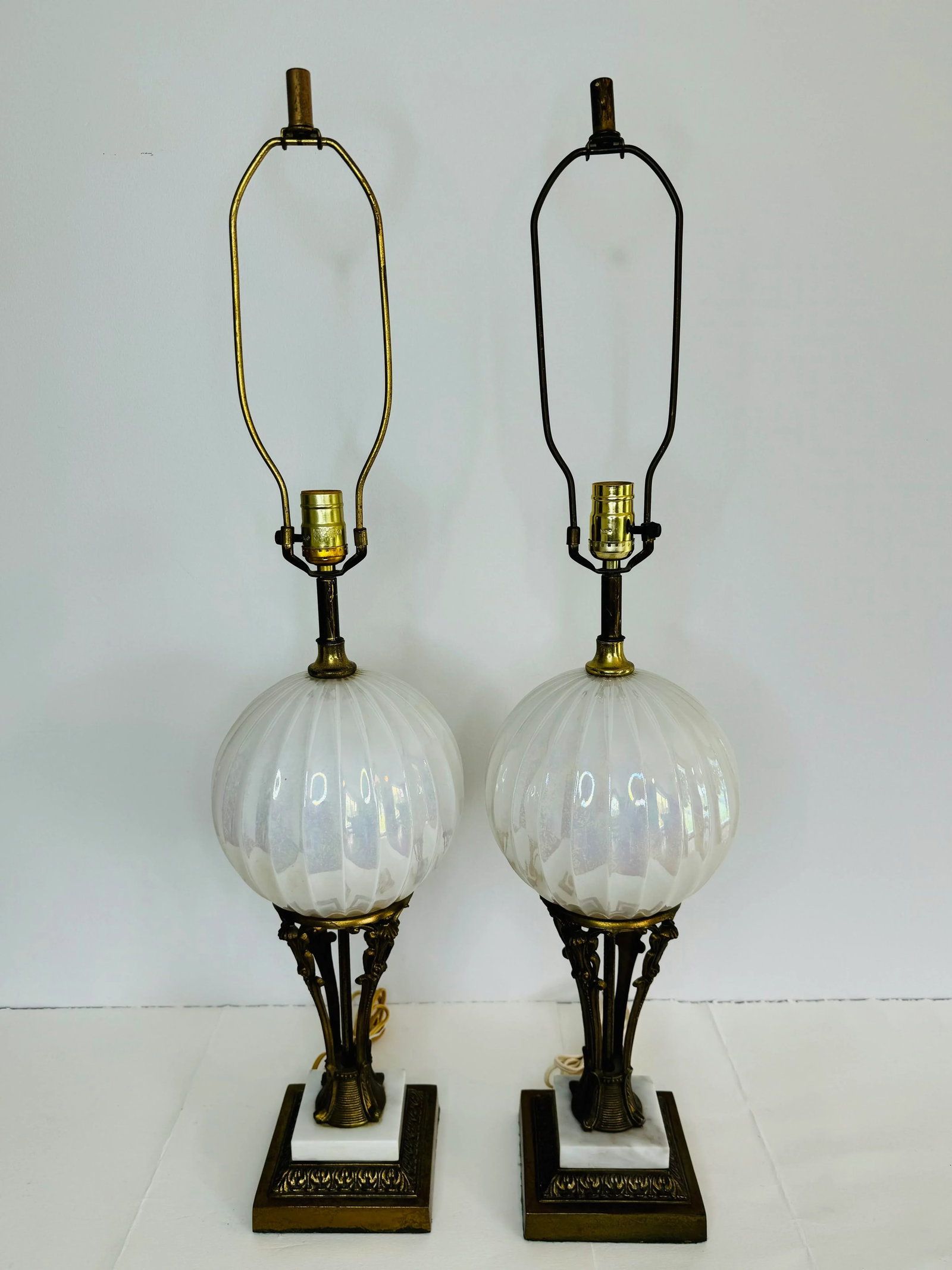 Vintage 1960s Brass and White Iridescent Glass Table Lamps, a Pair - 2