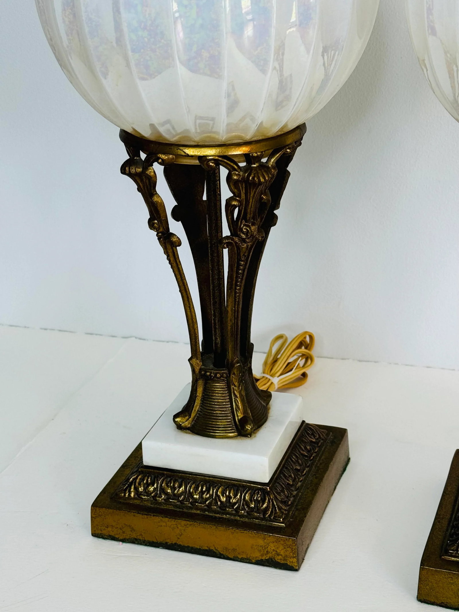 Vintage 1960s Brass and White Iridescent Glass Table Lamps, a Pair - 5