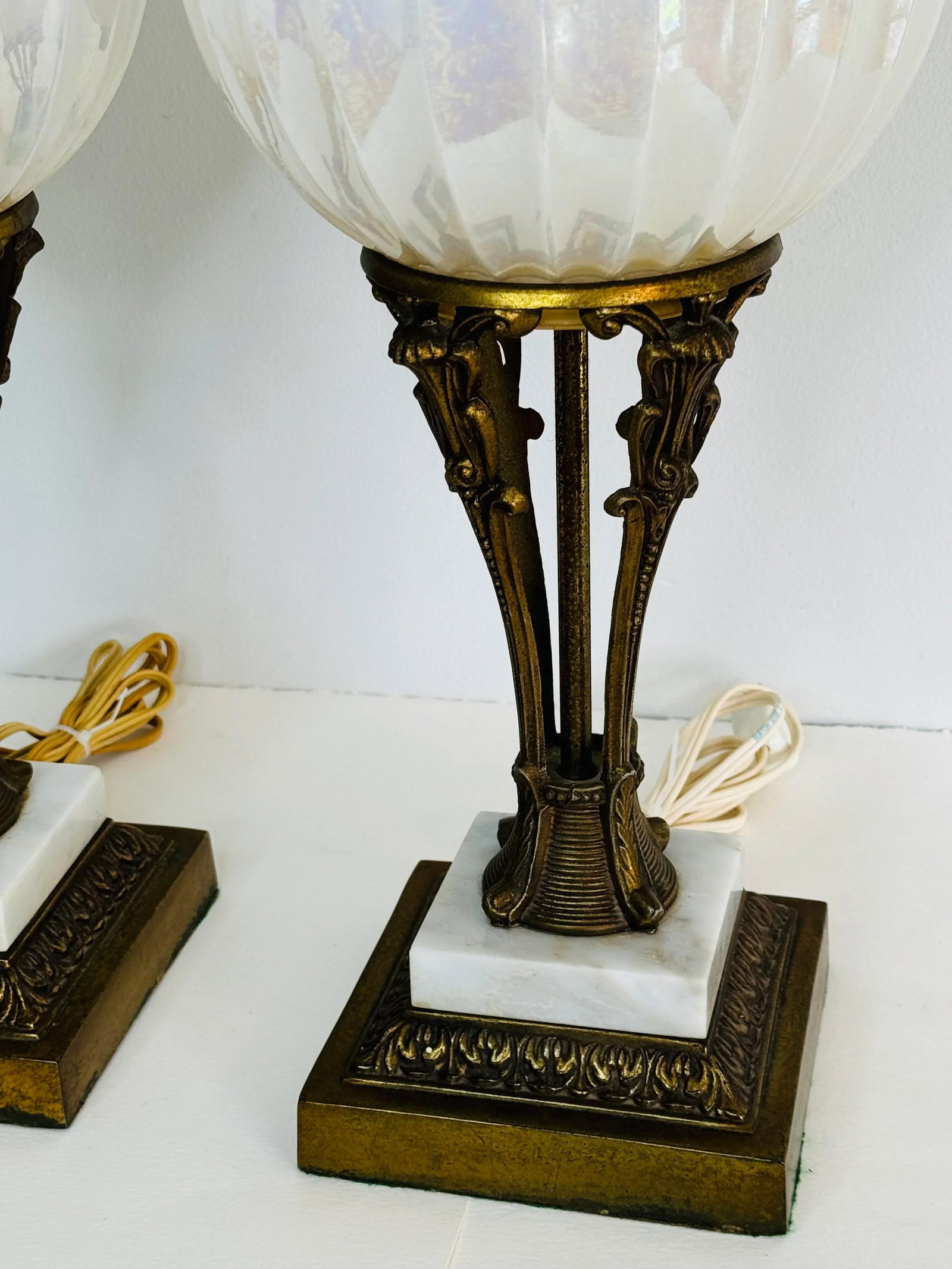 Vintage 1960s Brass and White Iridescent Glass Table Lamps, a Pair - 6