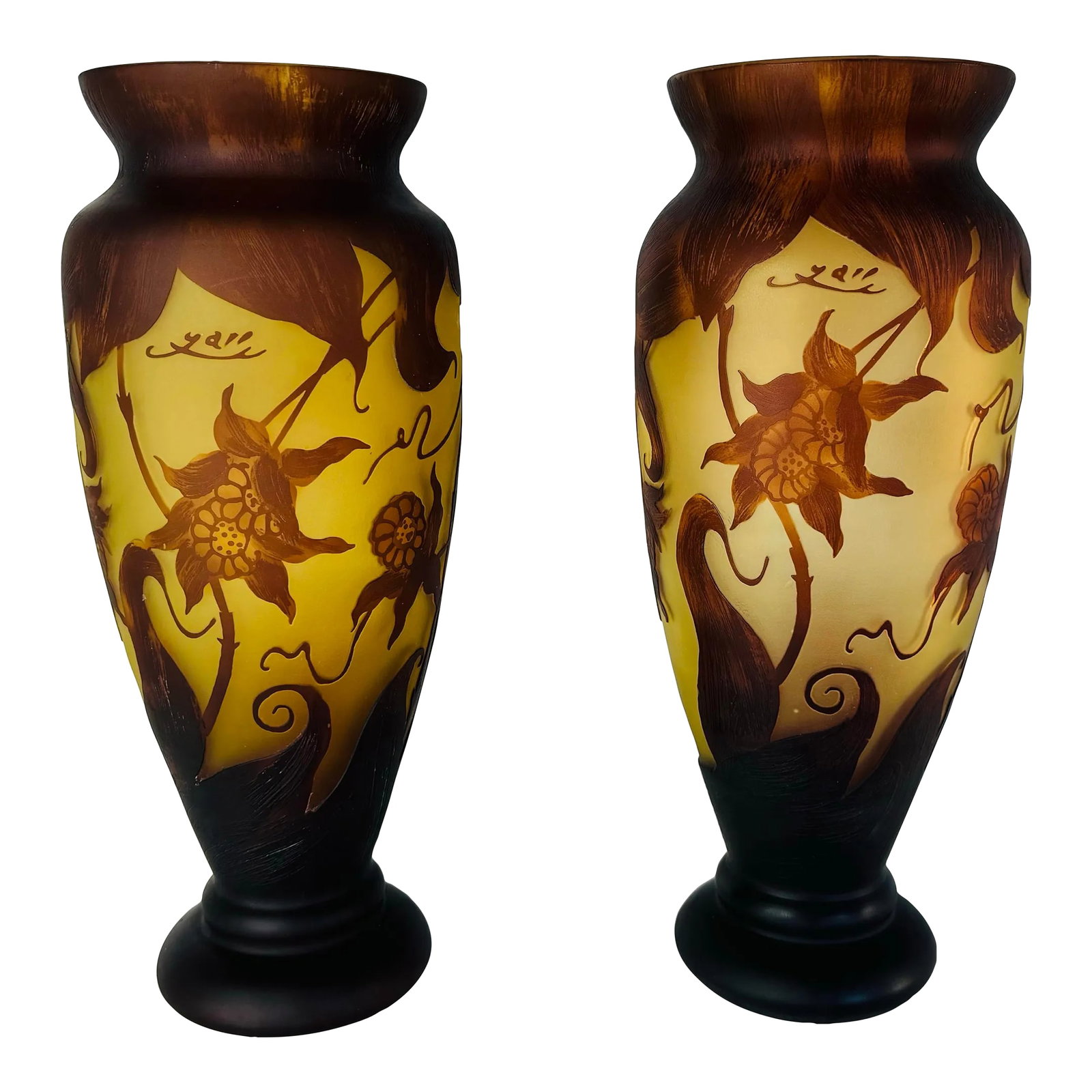 Late 20th Century Art Nouveau Galle Cameo Glass Style Vases - a Pair: Art Nouveau Galle Cameo Glass Style Vases - a Pair. A brown floral foliage against a pale yellow background. Signed. Condition: Alterations: Original Condition Unaltered Imperfections: Some Imperfecti