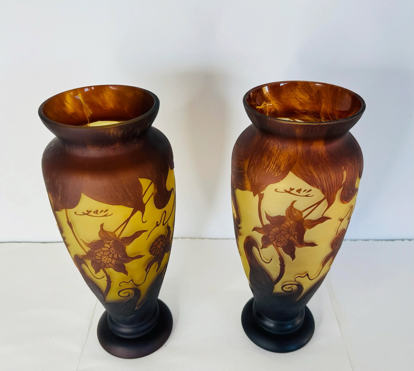 Late 20th Century Art Nouveau Galle Cameo Glass Style Vases - a Pair - 4