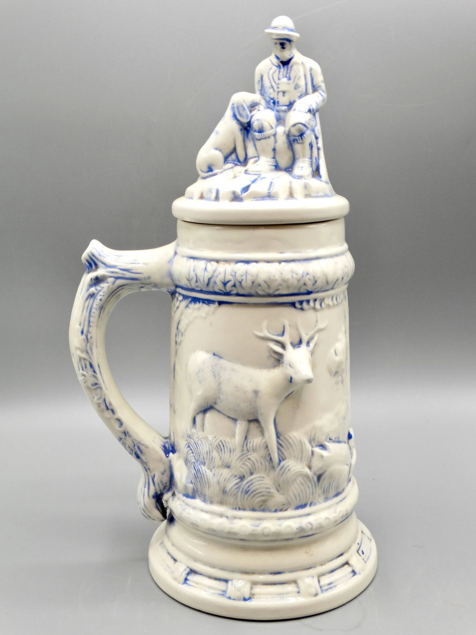 Statement Size German Lidded Stein W/ Hunting Motif Man Dog Stag - 10