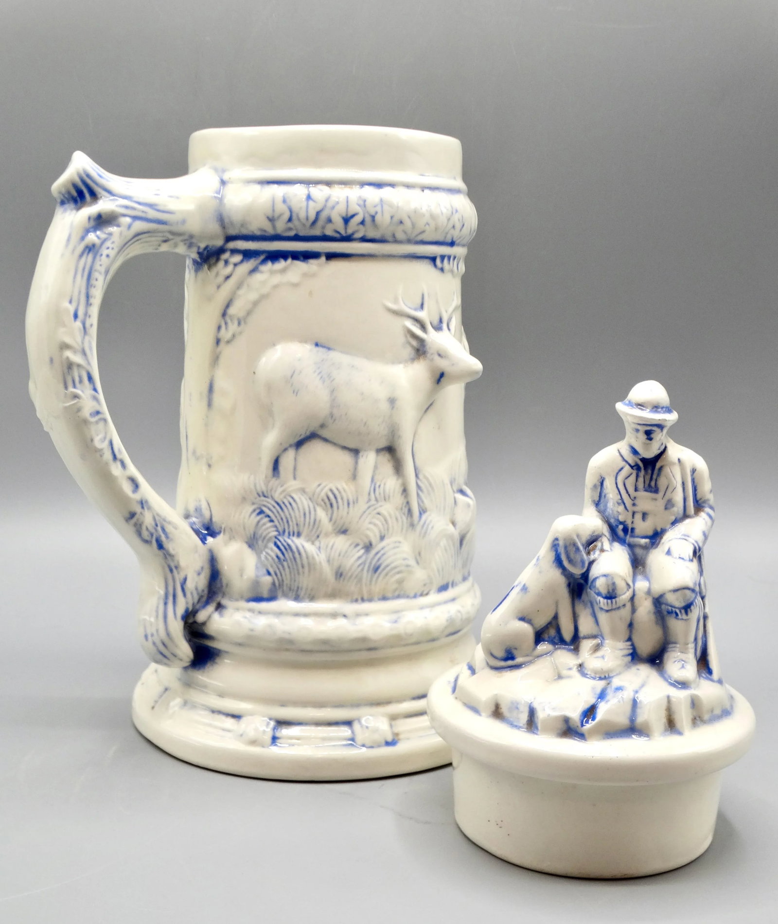 Statement Size German Lidded Stein W/ Hunting Motif Man Dog Stag - 12