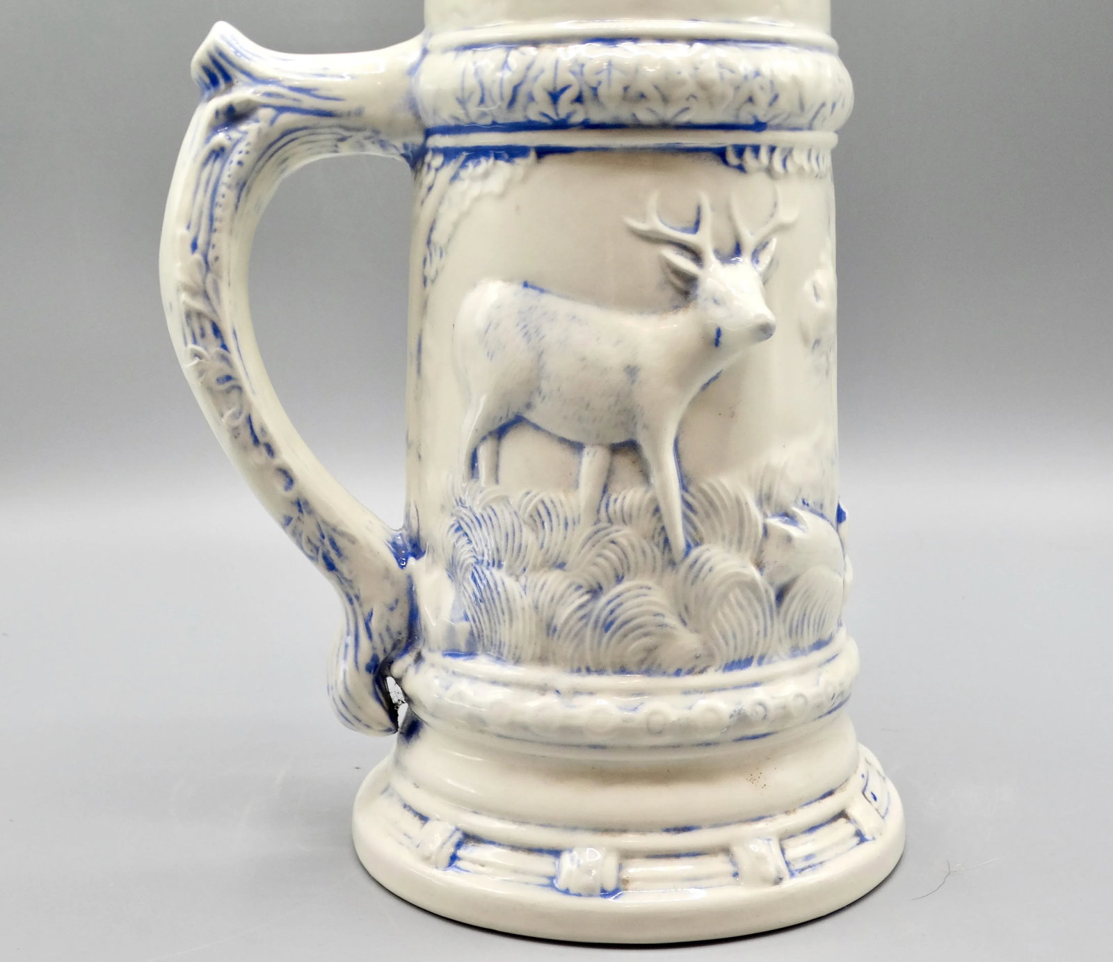 Statement Size German Lidded Stein W/ Hunting Motif Man Dog Stag - 2