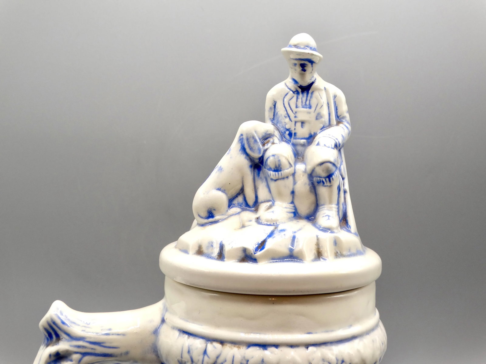 Statement Size German Lidded Stein W/ Hunting Motif Man Dog Stag - 3