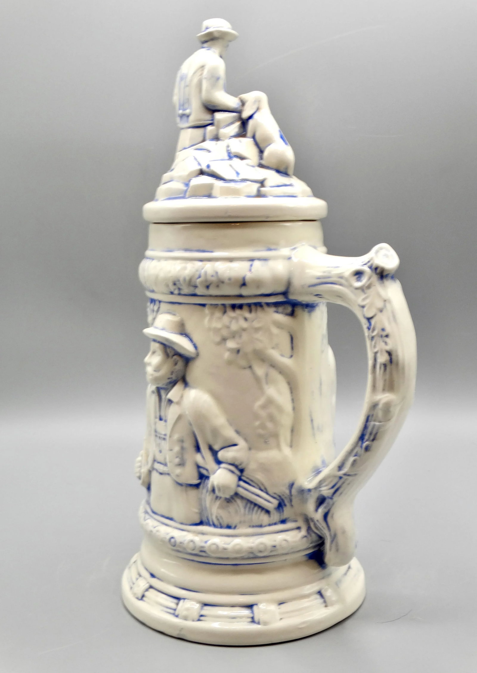 Statement Size German Lidded Stein W/ Hunting Motif Man Dog Stag - 4