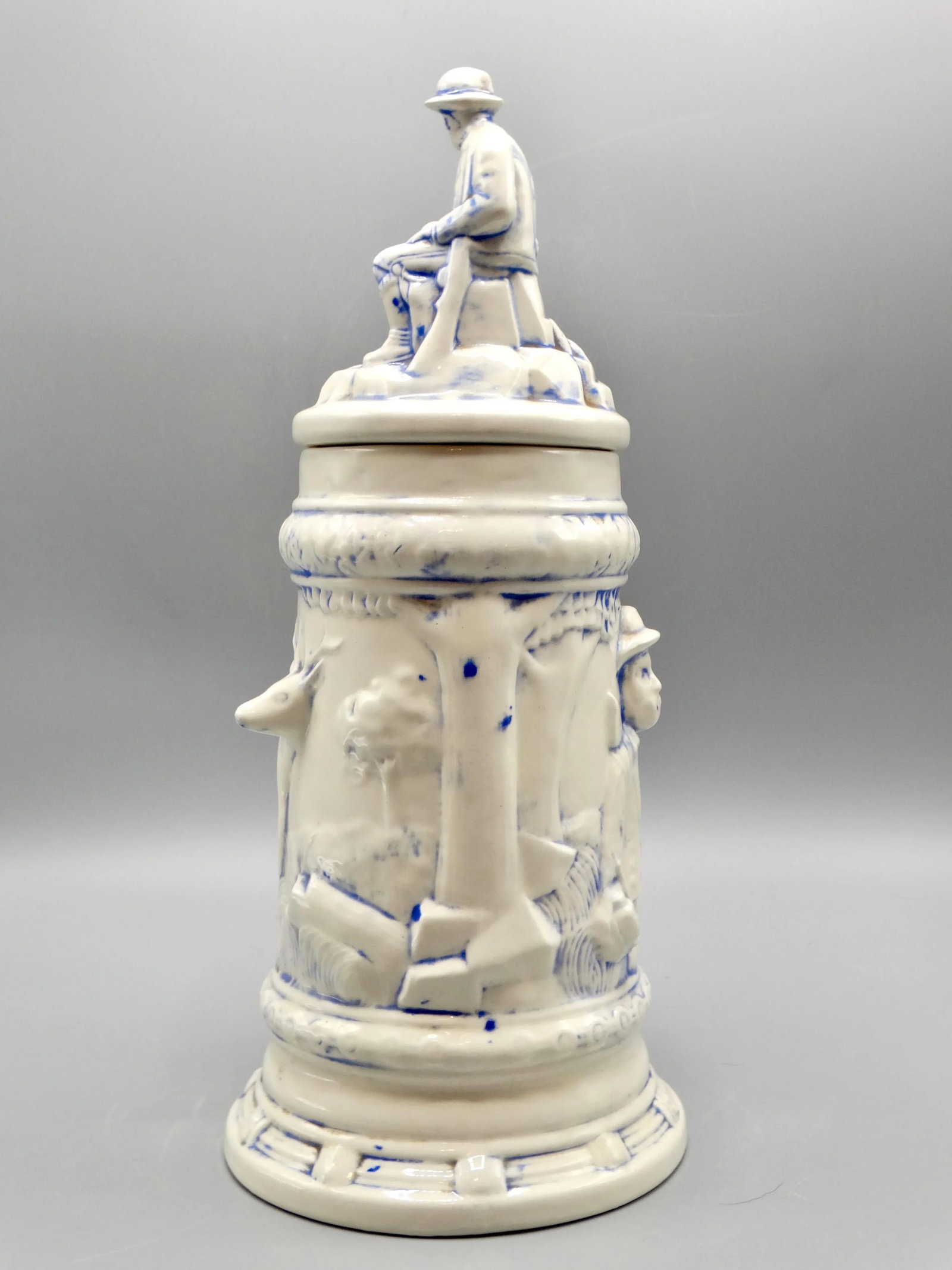 Statement Size German Lidded Stein W/ Hunting Motif Man Dog Stag - 5