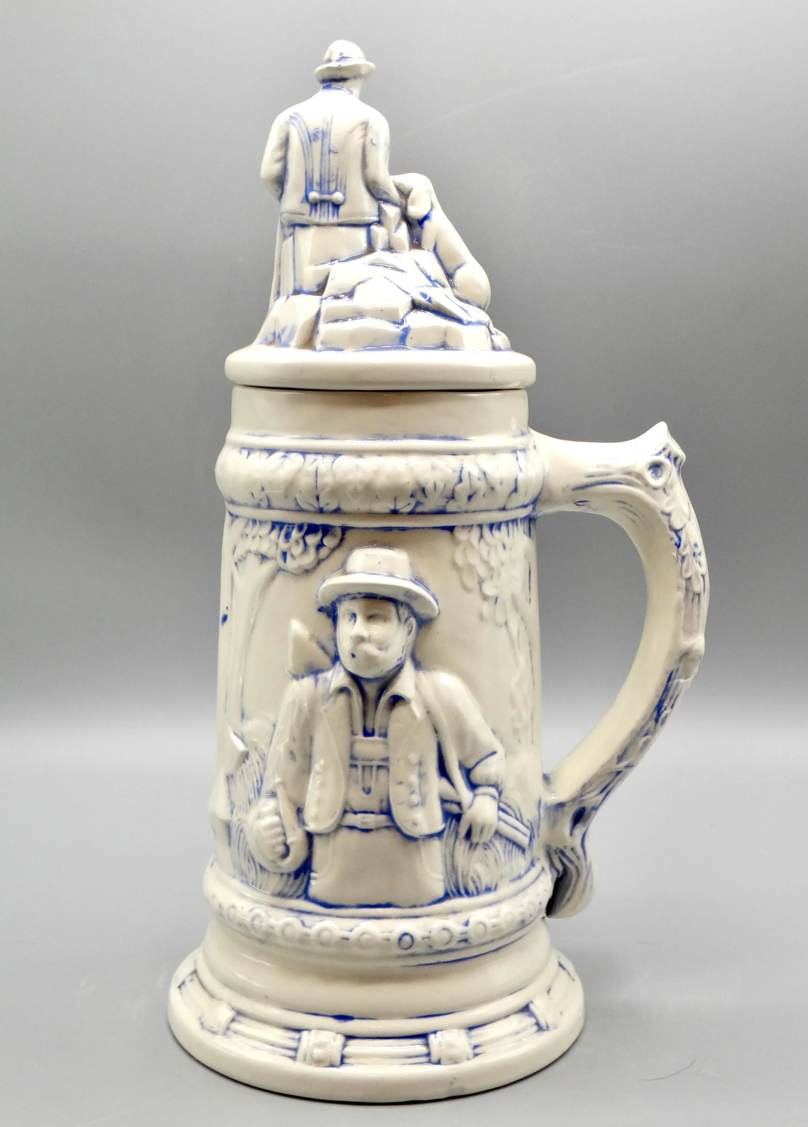 Statement Size German Lidded Stein W/ Hunting Motif Man Dog Stag - 6