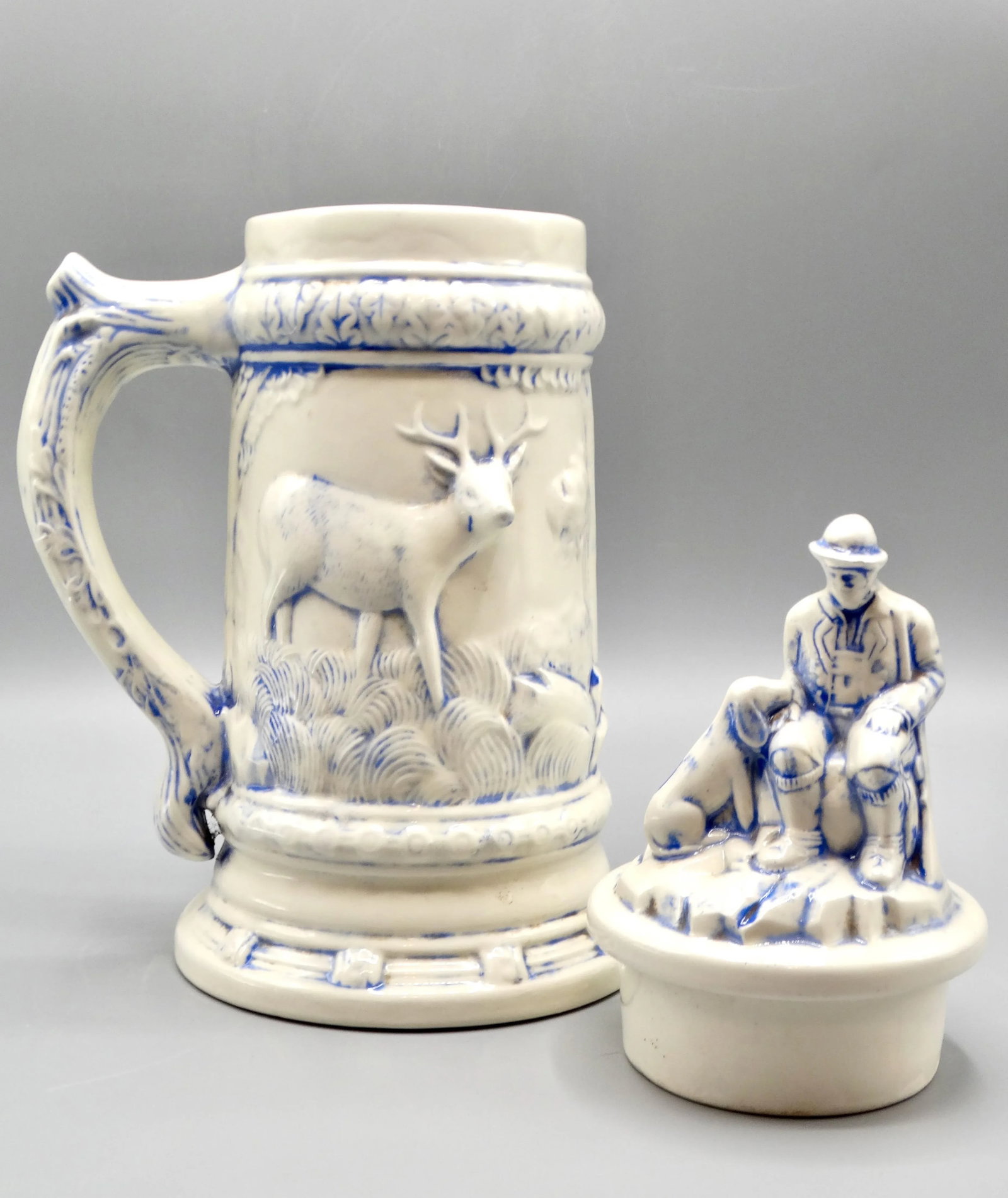 Statement Size German Lidded Stein W/ Hunting Motif Man Dog Stag - 7