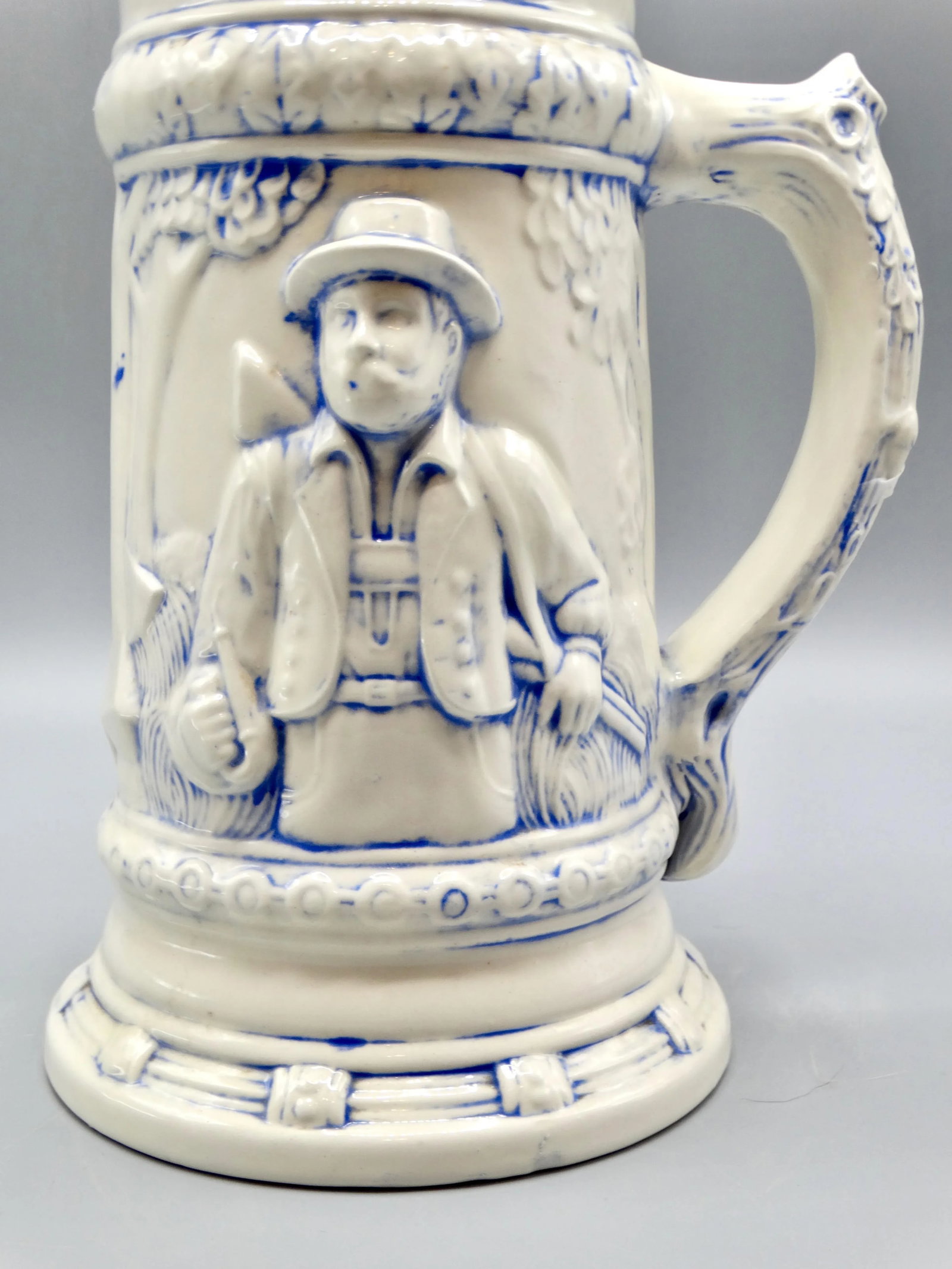 Statement Size German Lidded Stein W/ Hunting Motif Man Dog Stag - 8
