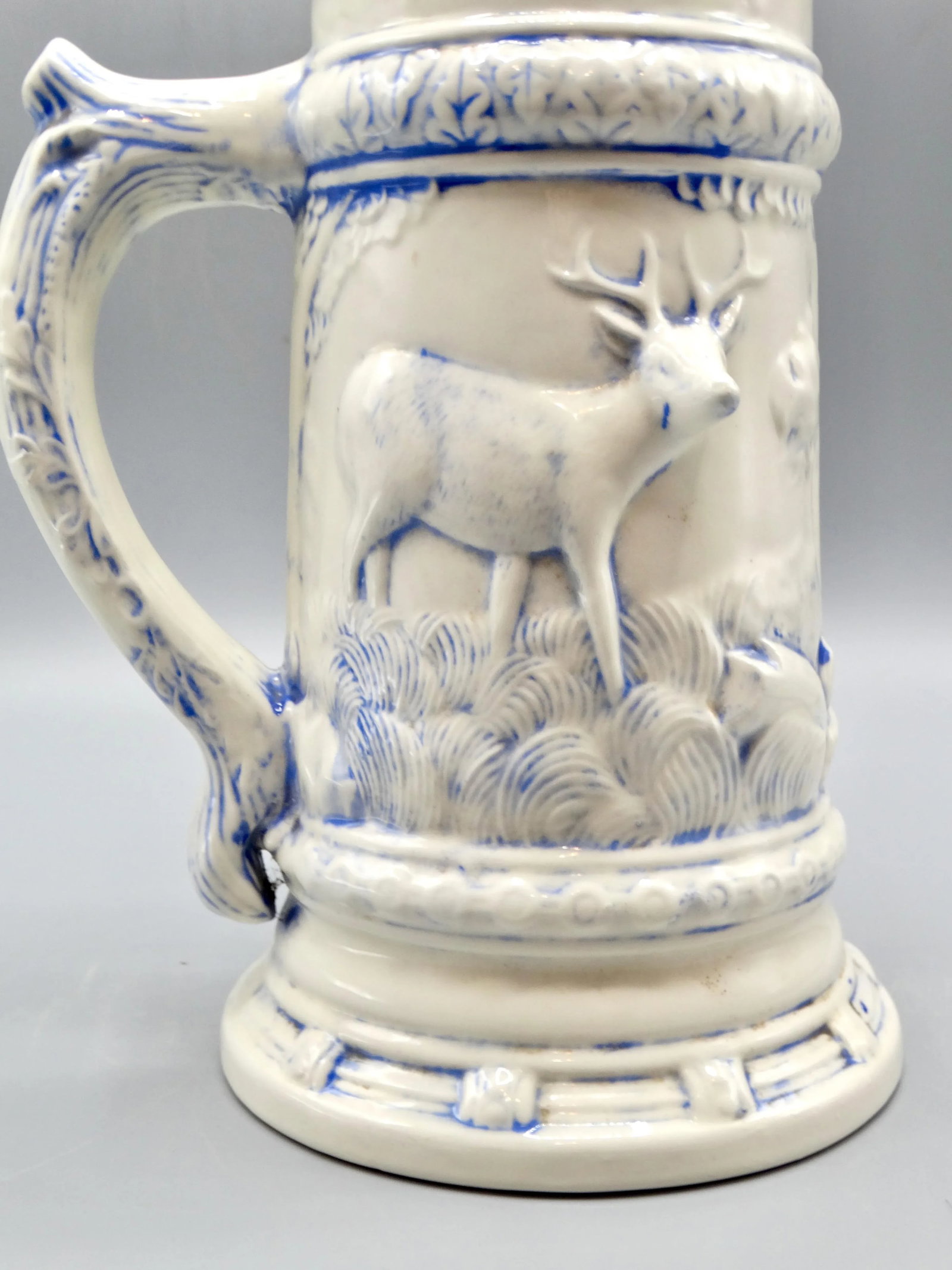 Statement Size German Lidded Stein W/ Hunting Motif Man Dog Stag - 9