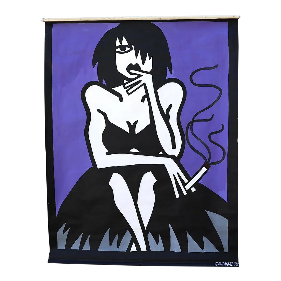 1980's Pop Art Window Shade Roller for Window or Walls: Super fun 1980's pop art, pull down roller shade painting for a window or to hang on a wall. This is an original, one of a kind acrylic painting on a fabric roller shade. "Big Breasted Nymph with Cig"