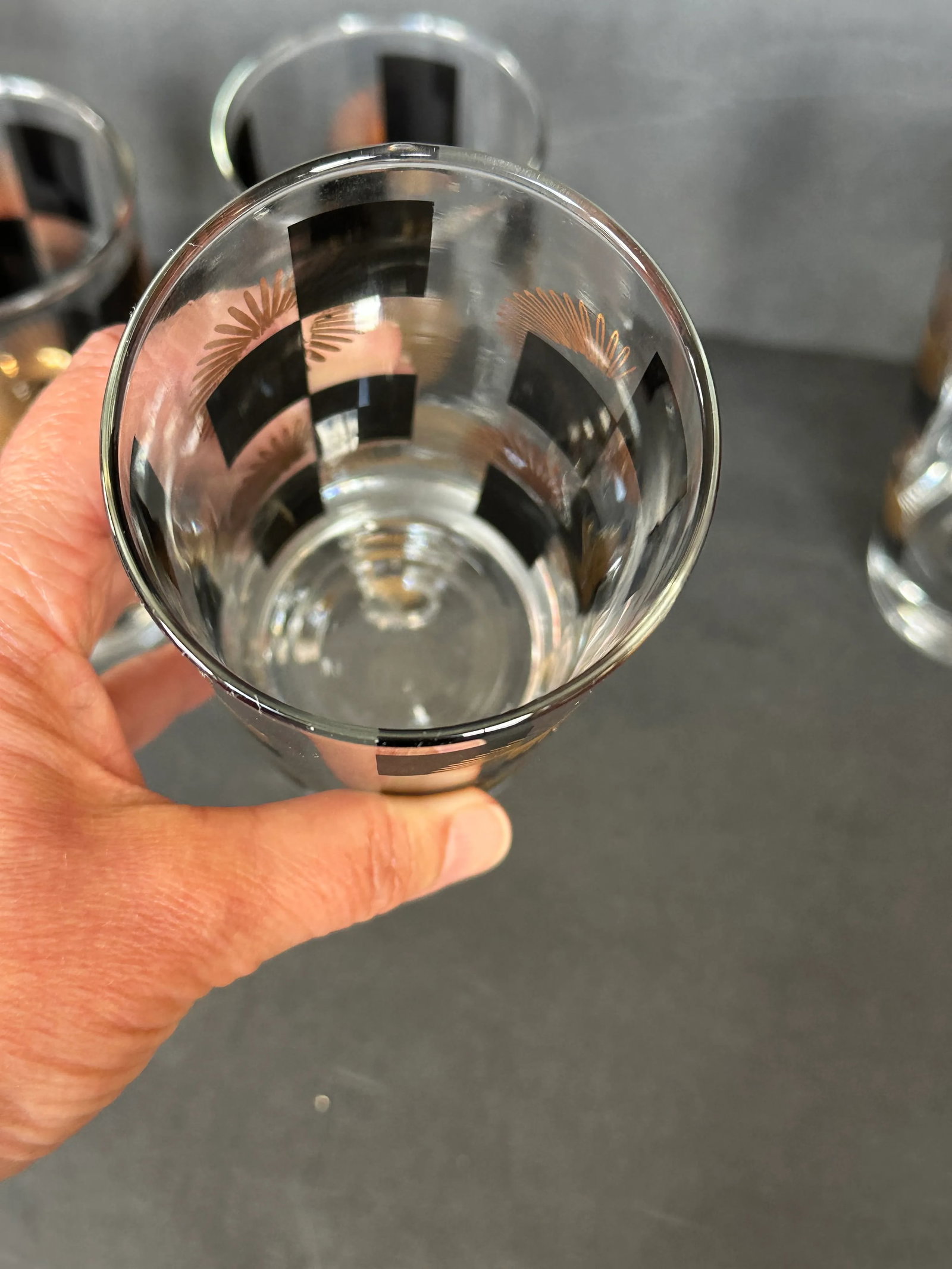 Mid Century Modern Black and Gold Atomic Starburst Glassware Set of 8 - 10