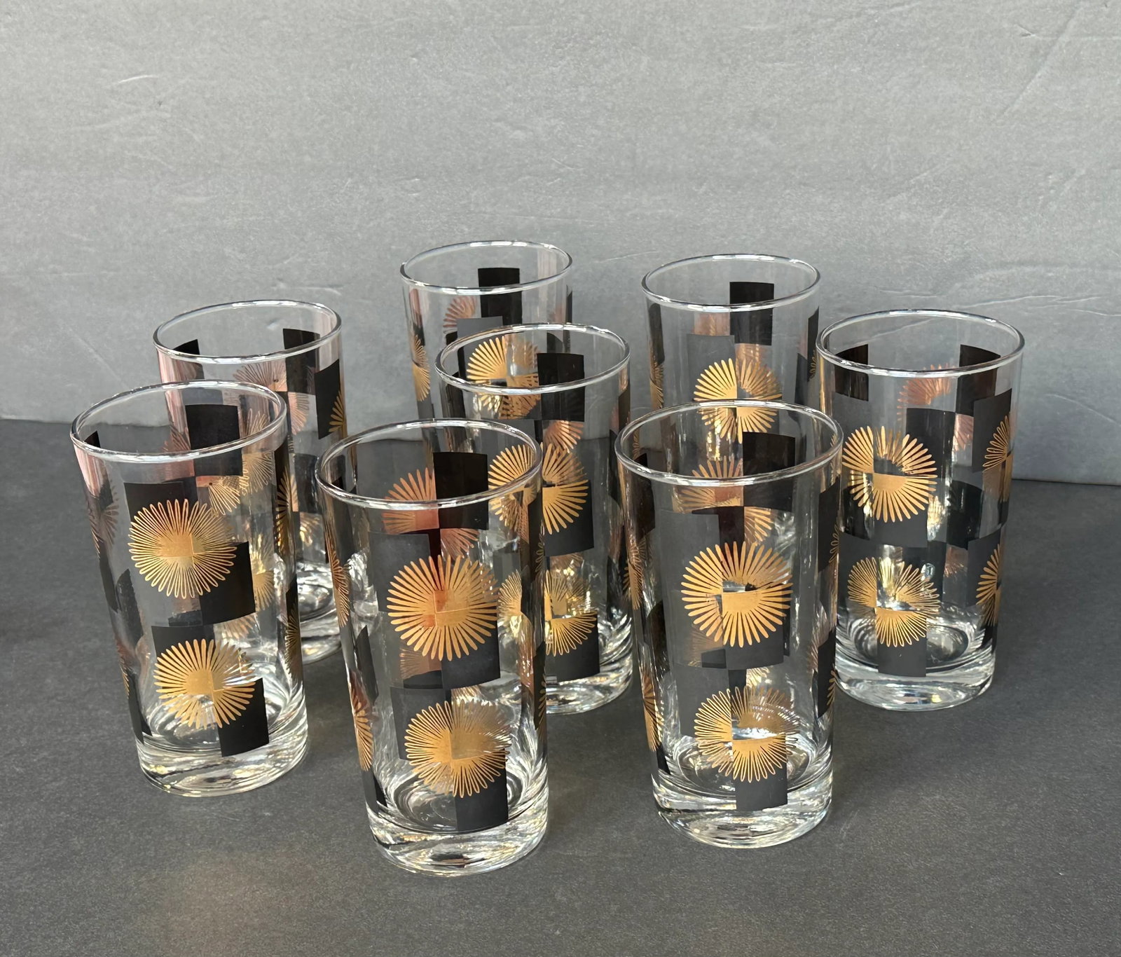 Mid Century Modern Black and Gold Atomic Starburst Glassware Set of 8 - 11