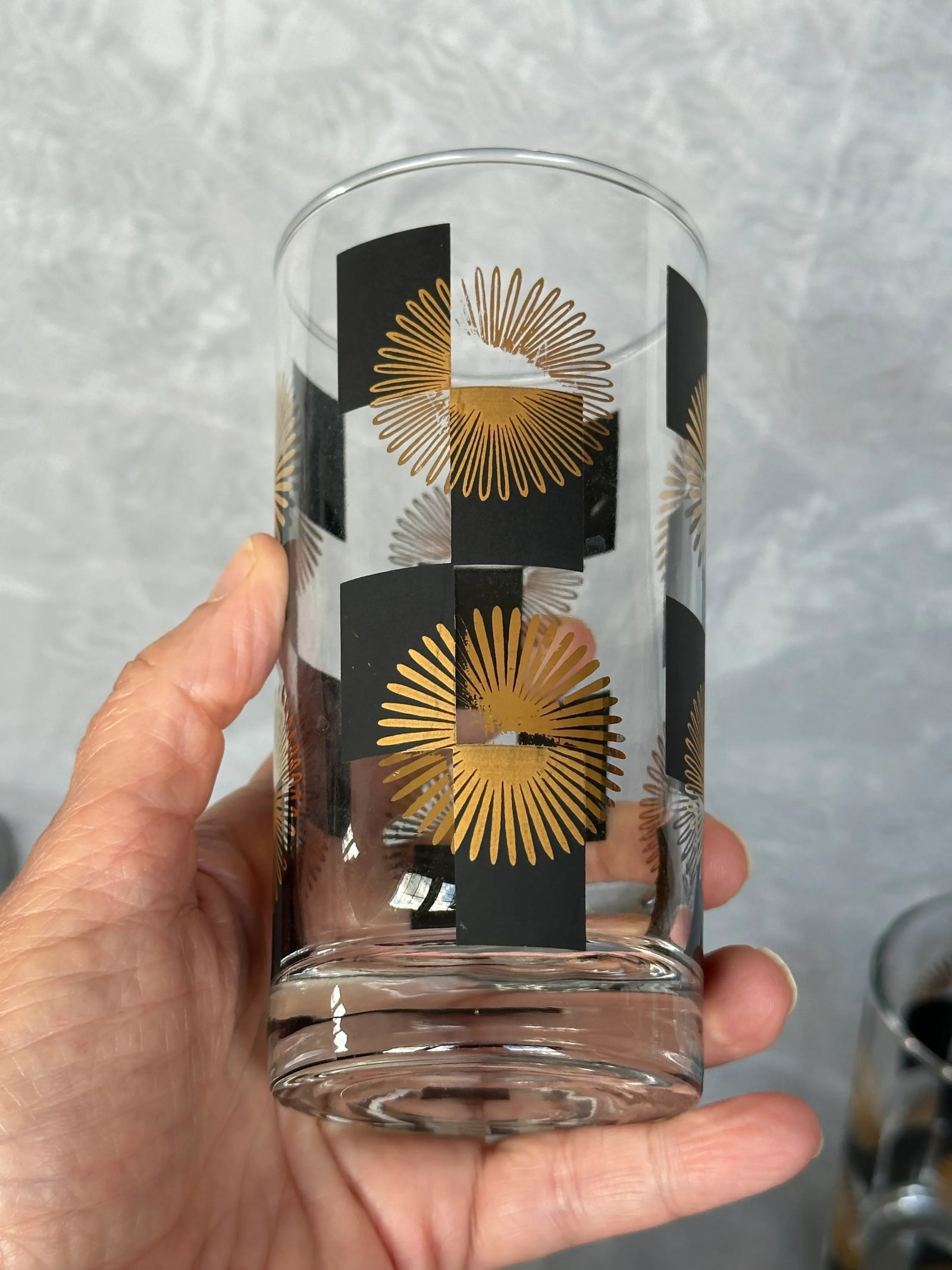Mid Century Modern Black and Gold Atomic Starburst Glassware Set of 8 - 12