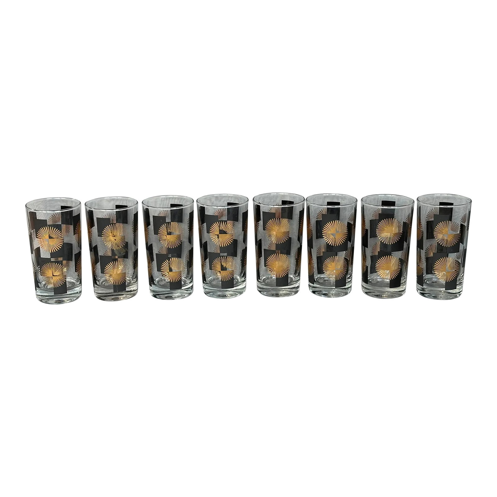 Mid Century Modern Black and Gold Atomic Starburst Glassware Set of 8: Add this classic Mid-Century Modern black and gold atomic starburst glassware set to your barware collection. The vintage 1950s glasses do double duty as high ball tumblers and modern home decor accen