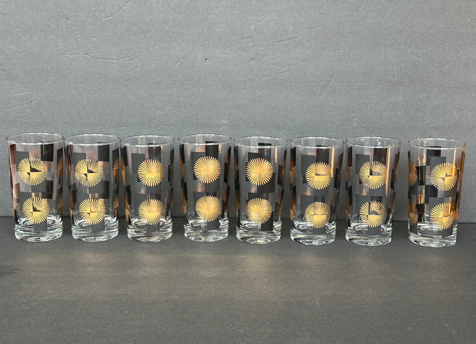 Mid Century Modern Black and Gold Atomic Starburst Glassware Set of 8 - 2
