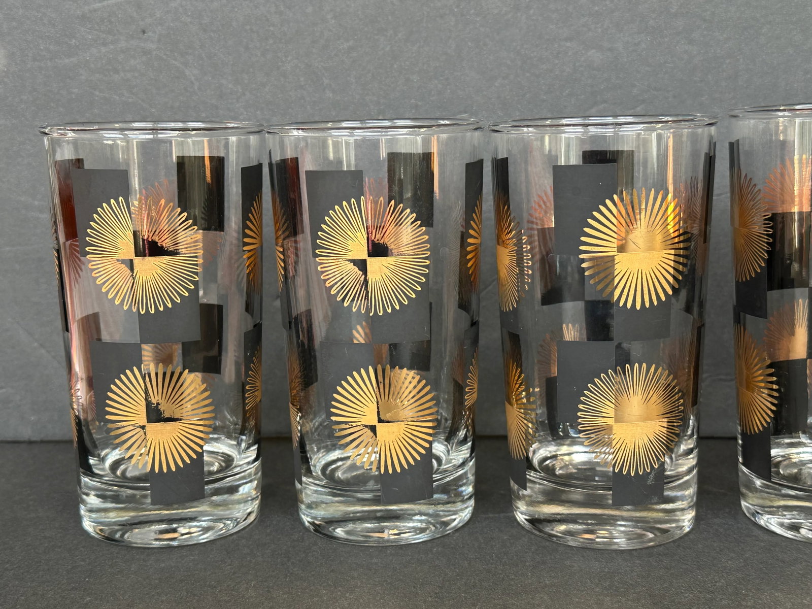 Mid Century Modern Black and Gold Atomic Starburst Glassware Set of 8 - 3