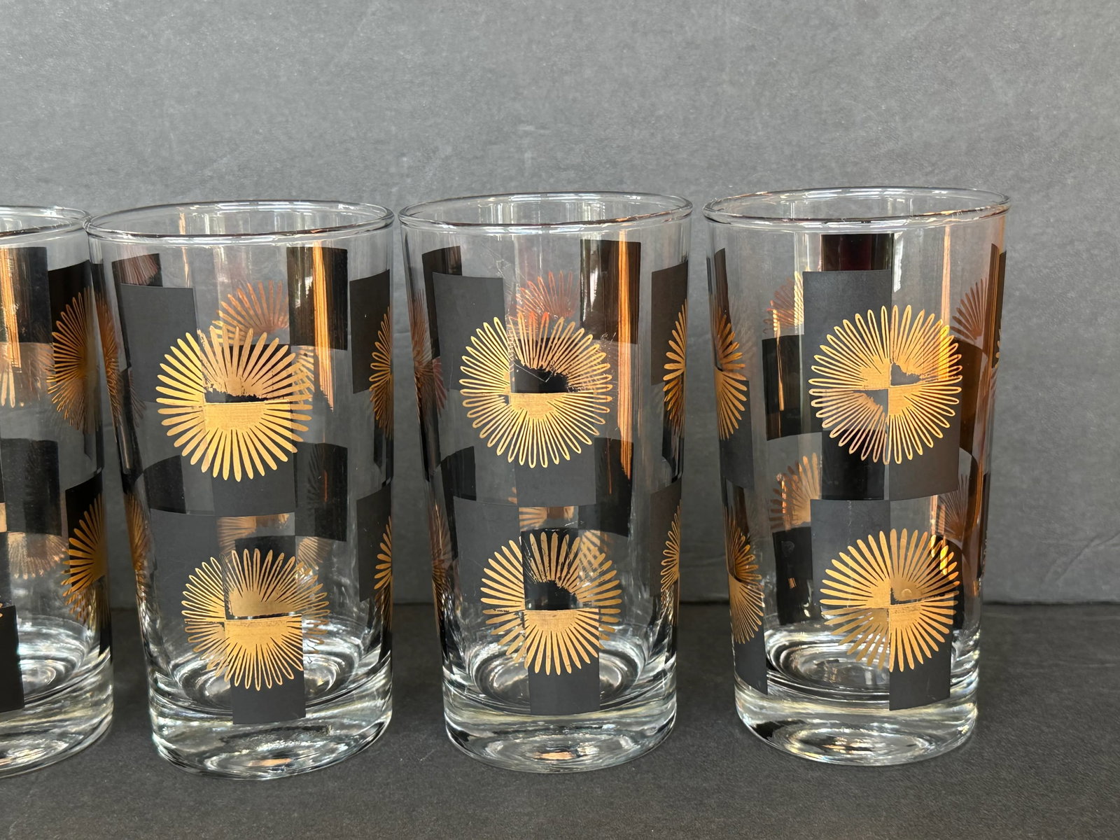 Mid Century Modern Black and Gold Atomic Starburst Glassware Set of 8 - 5