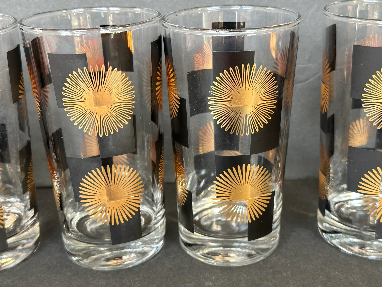 Mid Century Modern Black and Gold Atomic Starburst Glassware Set of 8 - 6