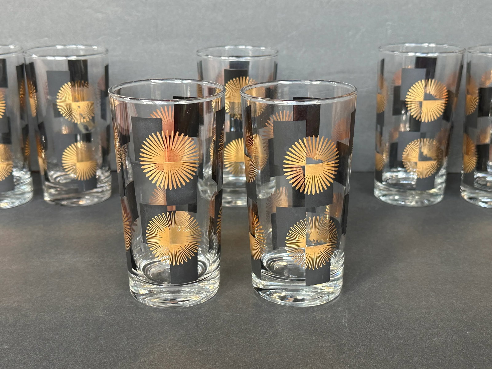 Mid Century Modern Black and Gold Atomic Starburst Glassware Set of 8 - 7