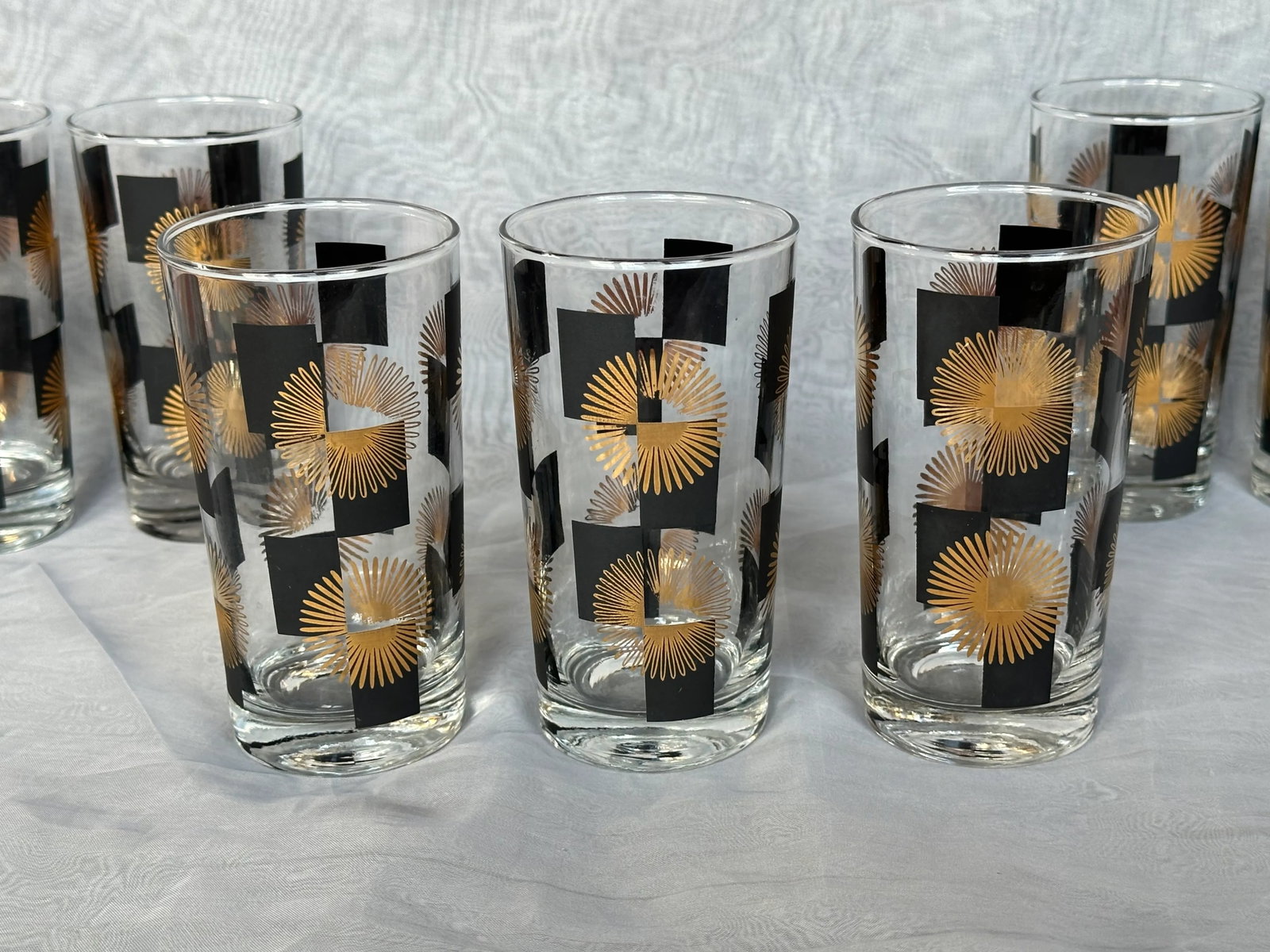 Mid Century Modern Black and Gold Atomic Starburst Glassware Set of 8 - 8