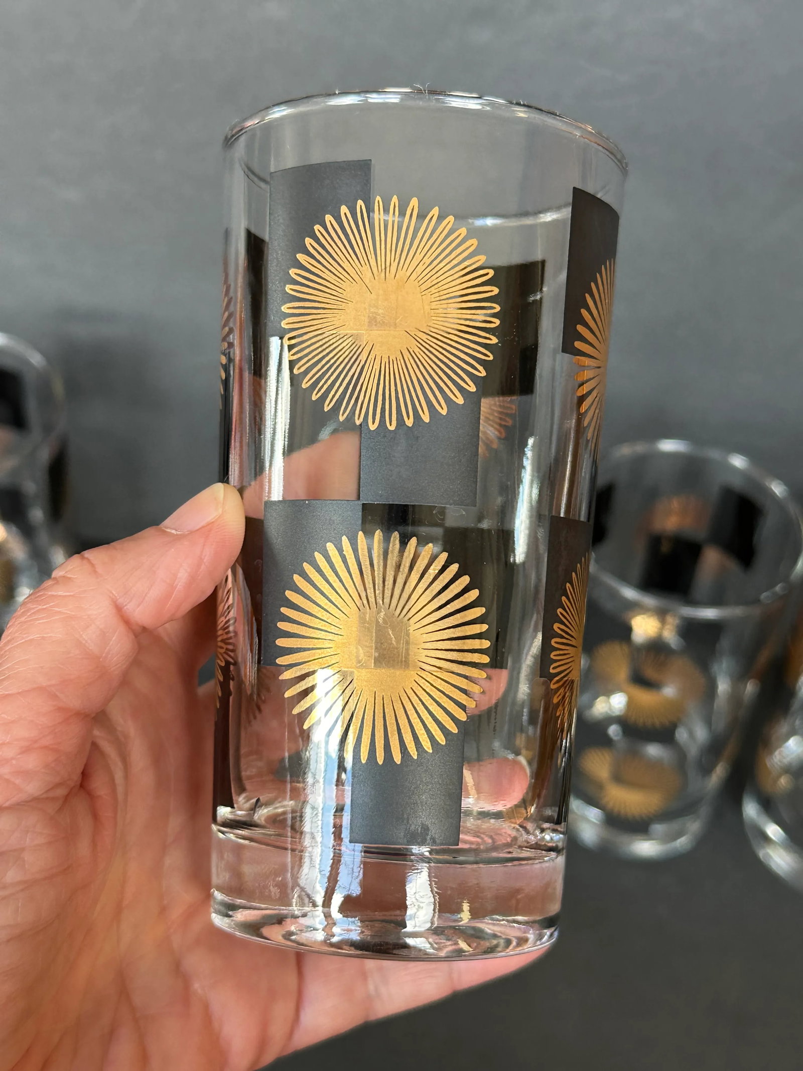 Mid Century Modern Black and Gold Atomic Starburst Glassware Set of 8 - 9