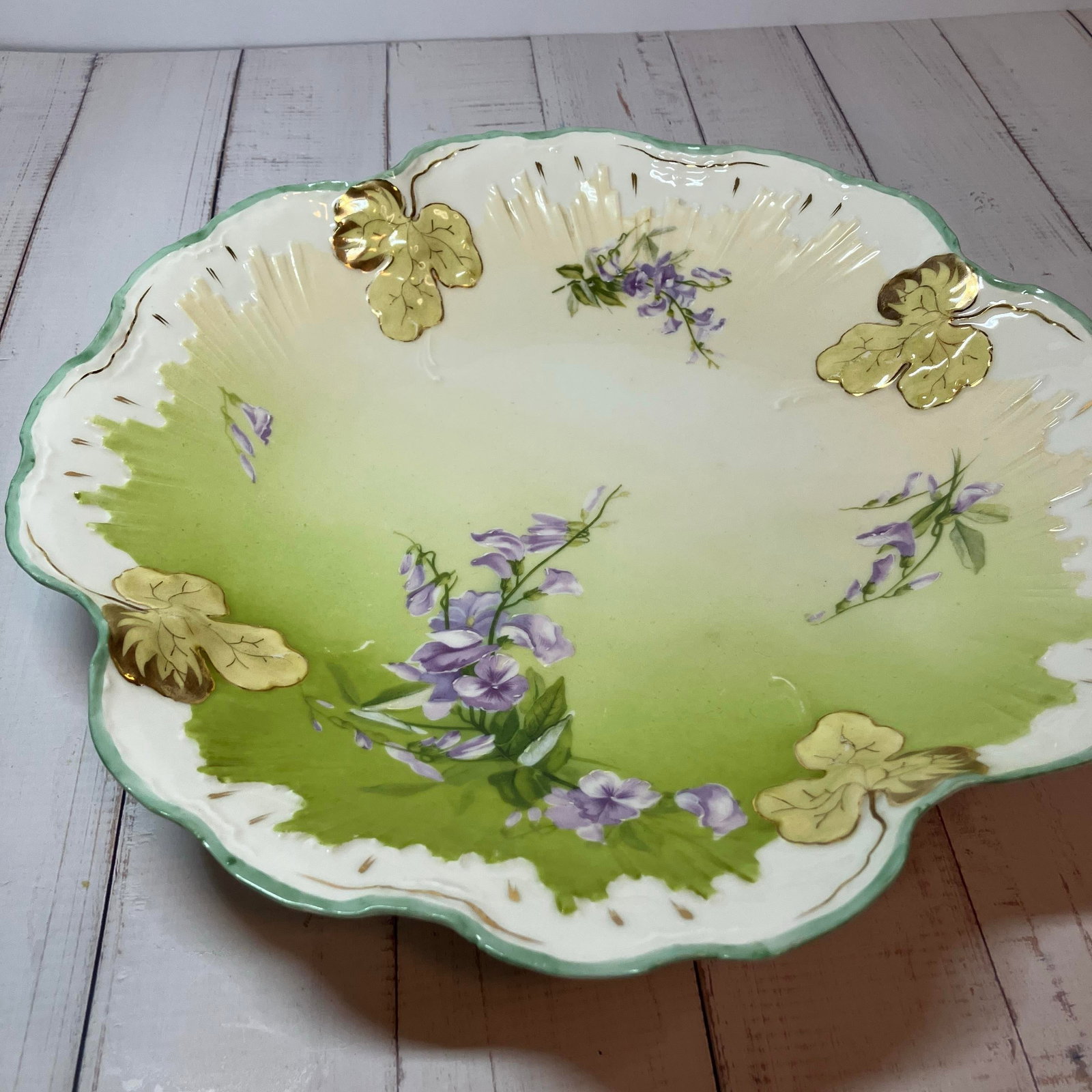 Antique Brc Voltaire Germany (Rosenthal) Green Floral Scalloped Master Bowl - 11