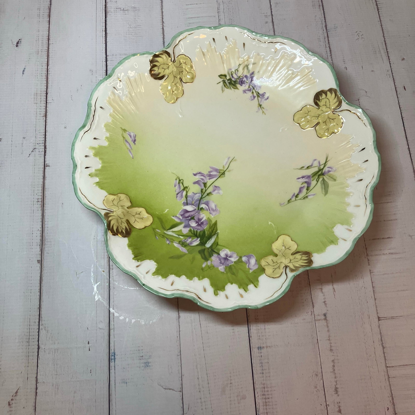 Antique Brc Voltaire Germany (Rosenthal) Green Floral Scalloped Master Bowl - 12
