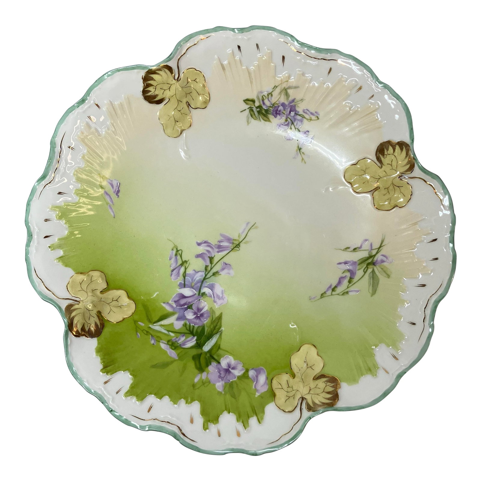 Antique Brc Voltaire Germany (Rosenthal) Green Floral Scalloped Master Bowl: Signed and numbered! Stunning antique bowl from Bauer, Rosenthal and Co (later Rosenthal). The mark on the back was used 1897-1903 so it was made during that time. Features a green and white backgroun