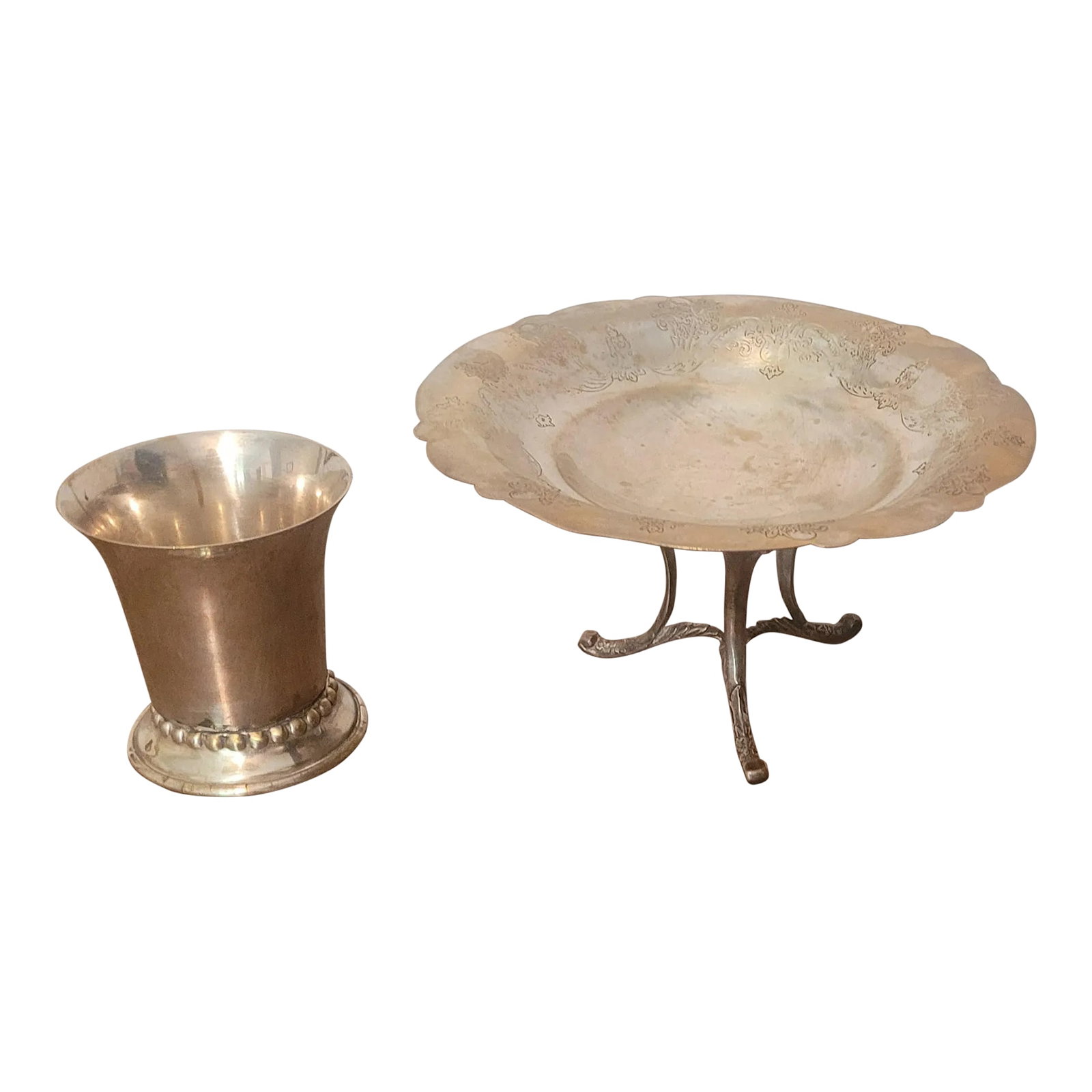 Antique Indian Silverplate Compote Dish With Ornate Stand & Matching Cup: Discover this exquisite antique Indian silver plate dish, a testament to timeless craftsmanship. The dish showcases intricate floral motifs, adding a touch of elegance to any setting. It rests on a be