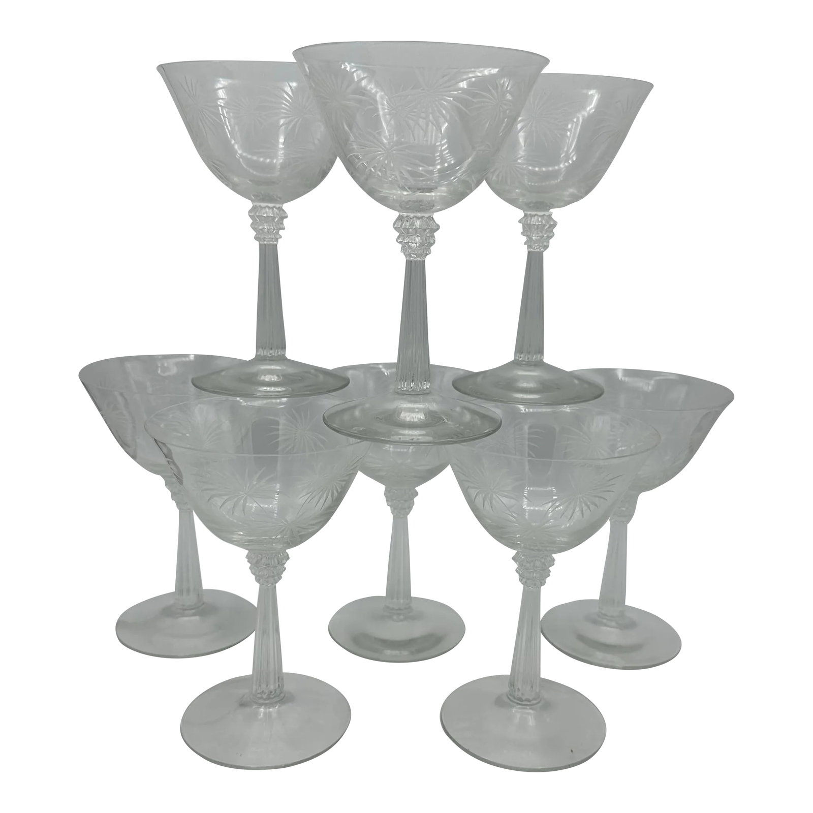 Vintage Lido Clear by Fostoria Champagne/Tall Sherbet Glasses- Set of 8: 5.5 inch tall, manufactured from 1937-1954 Gray cut plants Condition: Alterations: Original Condition Unaltered Imperfections: Some Imperfections Condition Notes: Two have the smallest of all flea