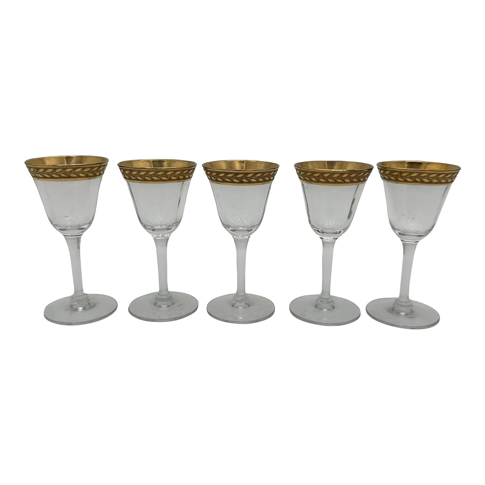 1980s Tiffin-Franciscan Laurel Cordials Stemware Gold Encrusted Band- Set of 5 (1 of 5)