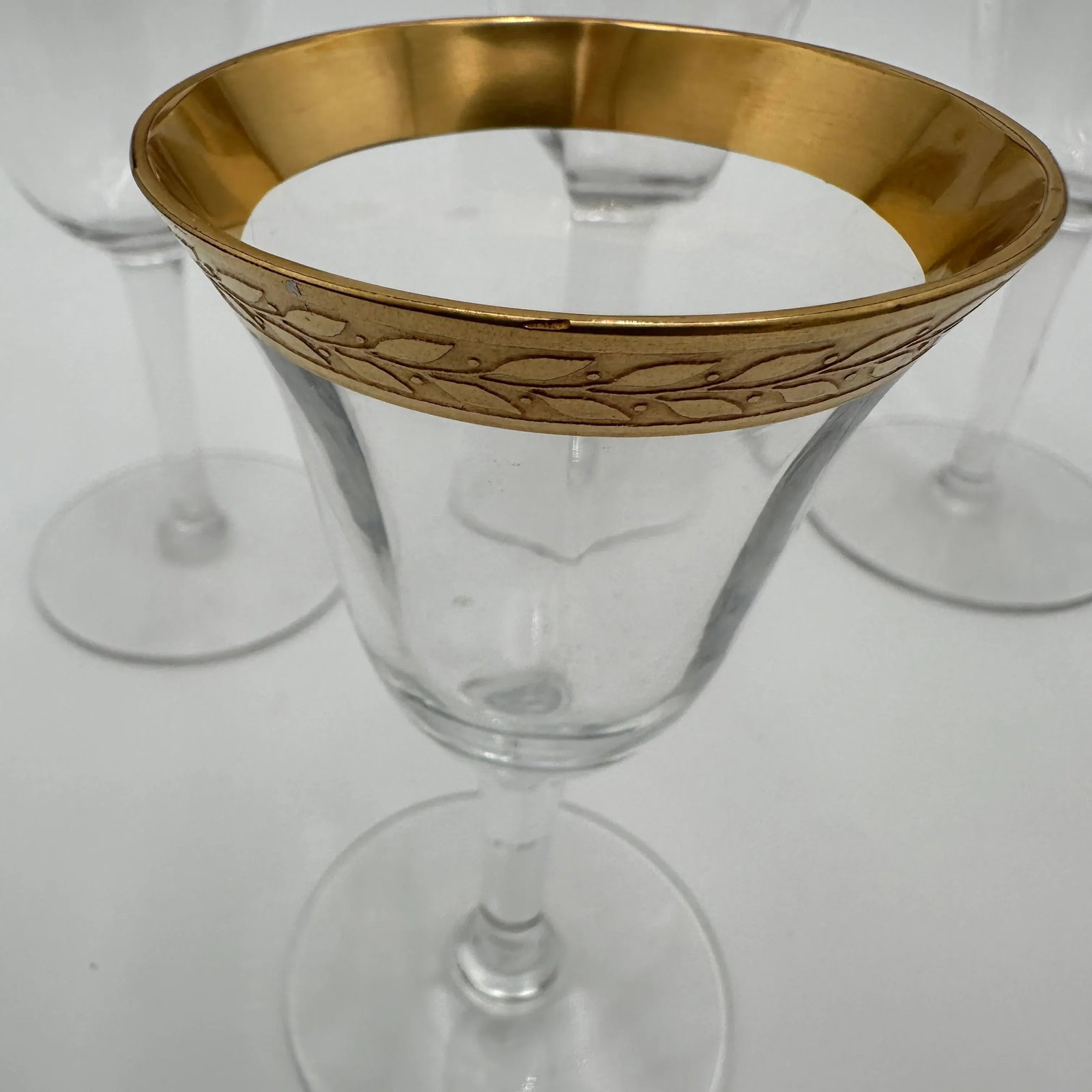 1980s Tiffin-Franciscan Laurel Cordials Stemware Gold Encrusted Band- Set of 5 - 2