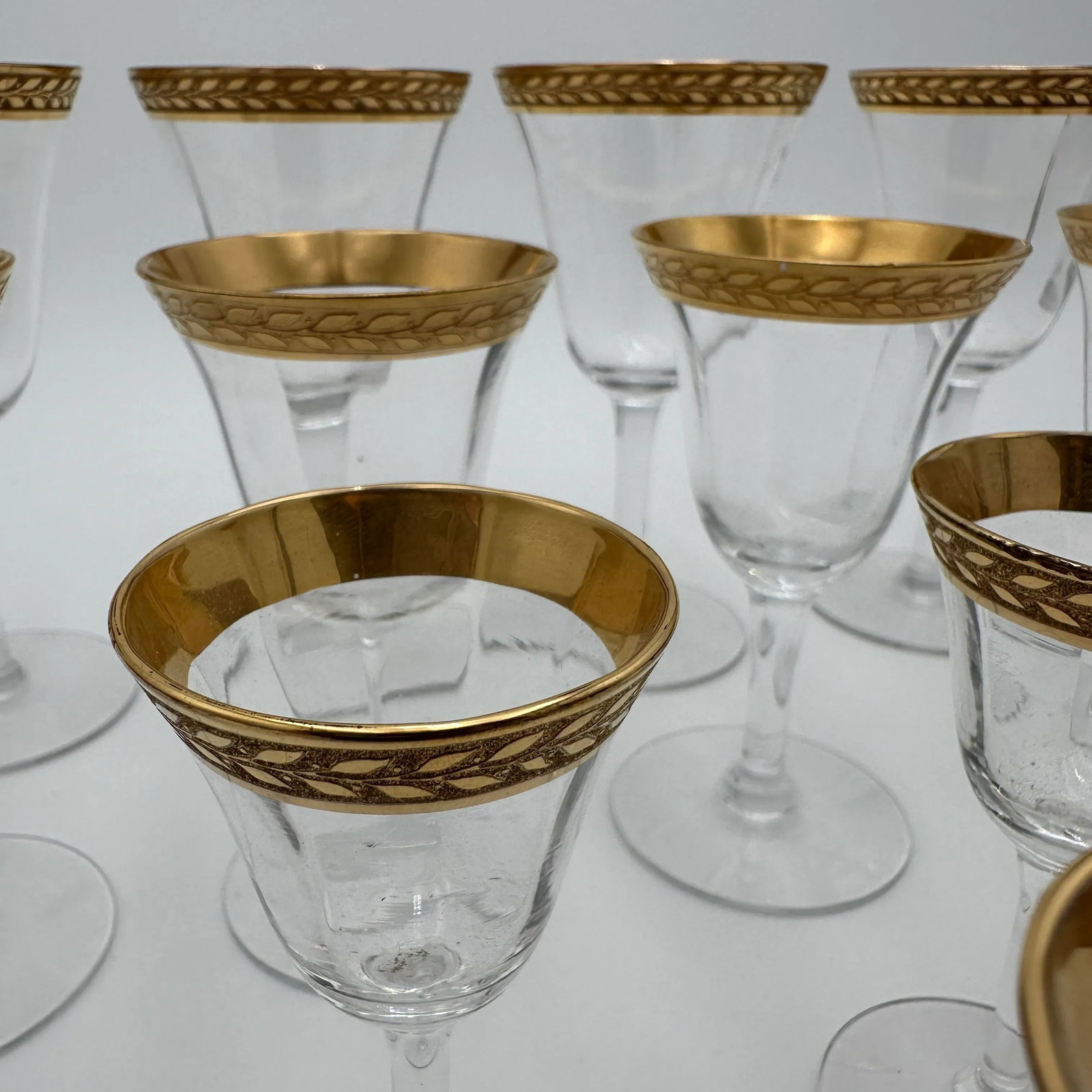 1980s Tiffin-Franciscan Laurel Cordials Stemware Gold Encrusted Band- Set of 5 - 3