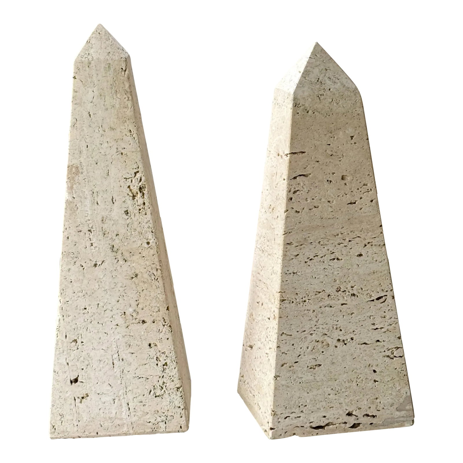 Vintage Italian Monumental Travertine Obelisks for Raymor - a Pair: Monumental pair of travertine decorative obelisks CIRCA: 1970s MAKER'S MARK: Paper labels are no longer present, attributed to Raymor. ORIGIN: Italy CONDITION: Very good used/vintage condition.