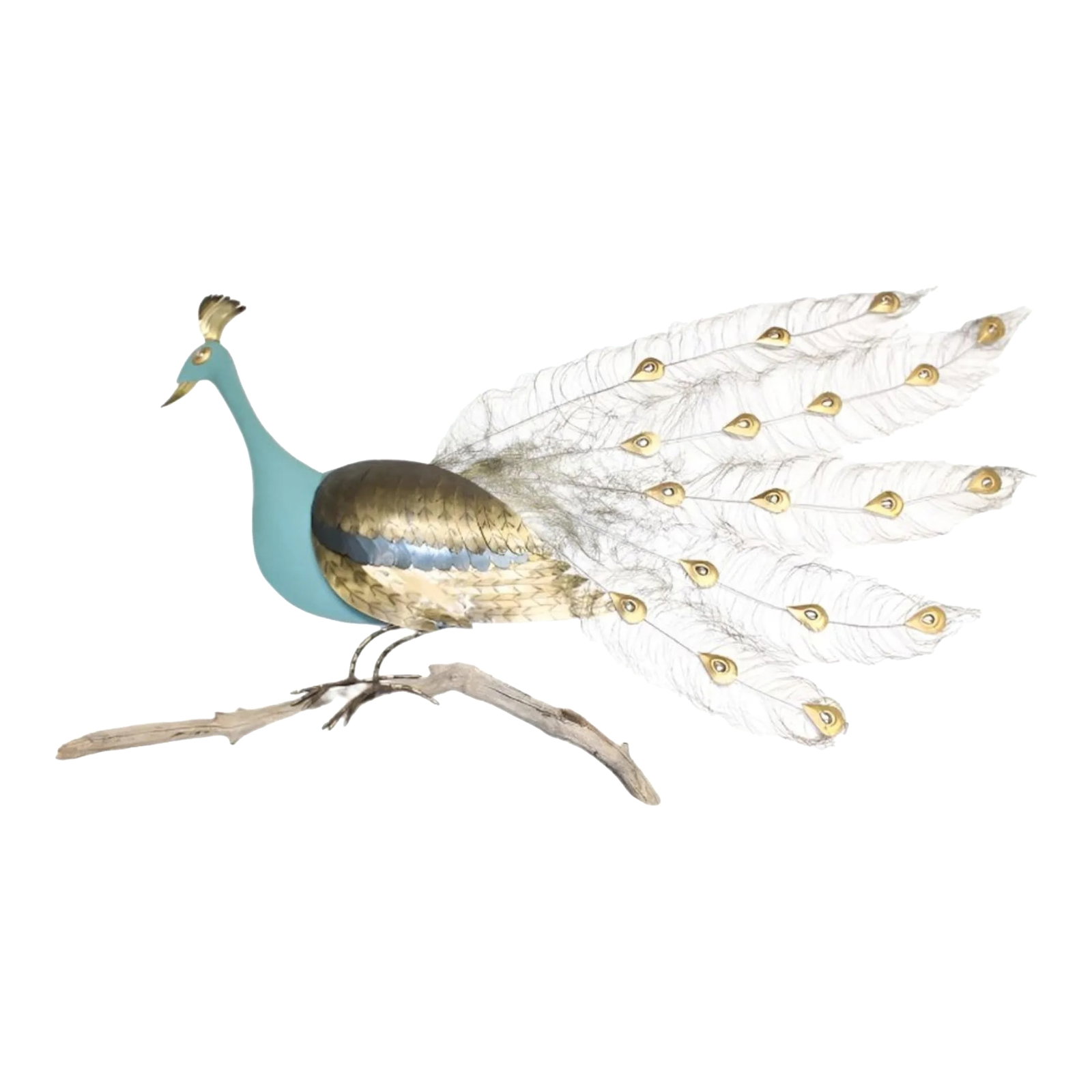 Vintage Bronze Blue Peacock on Branch Wall Sculpture: Unique, large bronze peacock has a brass brush tail with colorful glass jewels, aqua blue painted body, perched on a large wooden branch. Condition: Very good vintage condition Dimension: 30-inch H x 