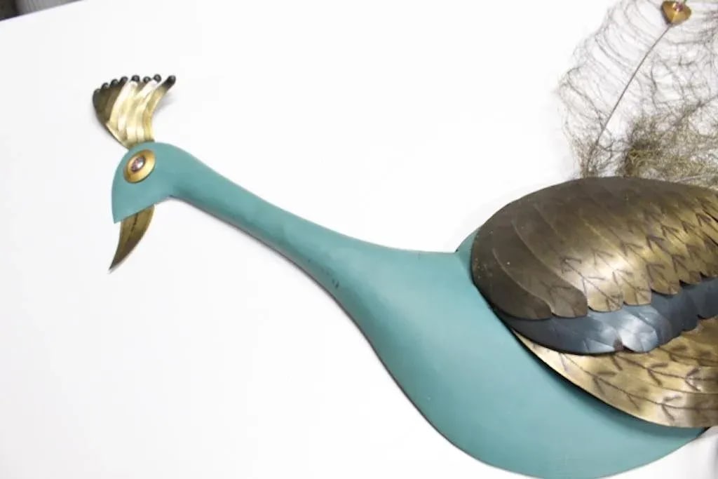 Vintage Bronze Blue Peacock on Branch Wall Sculpture - 2