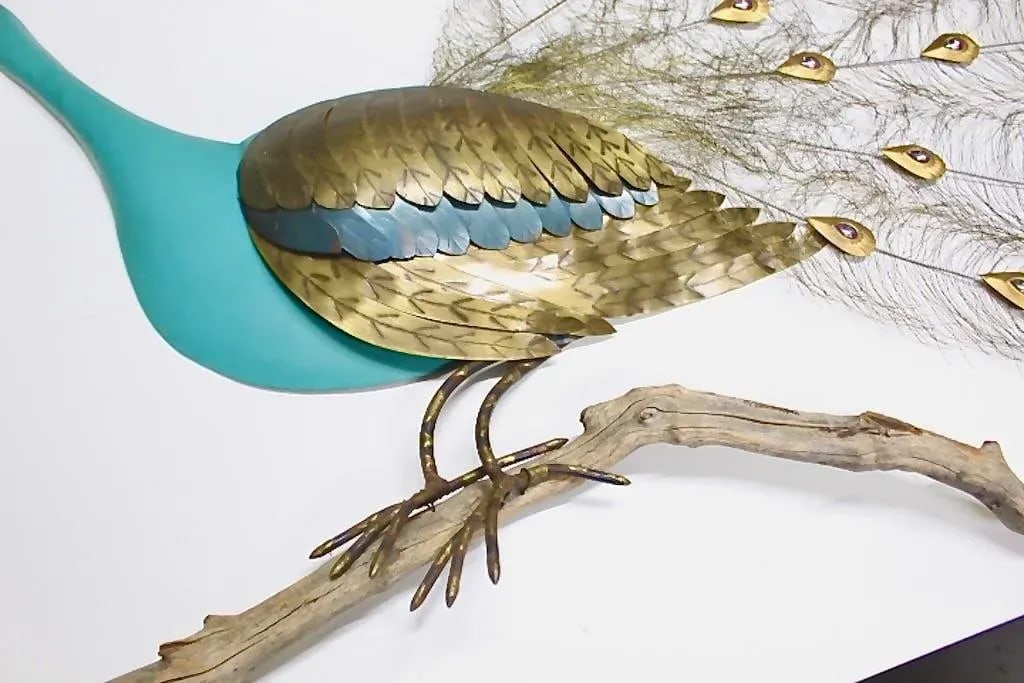 Vintage Bronze Blue Peacock on Branch Wall Sculpture - 4
