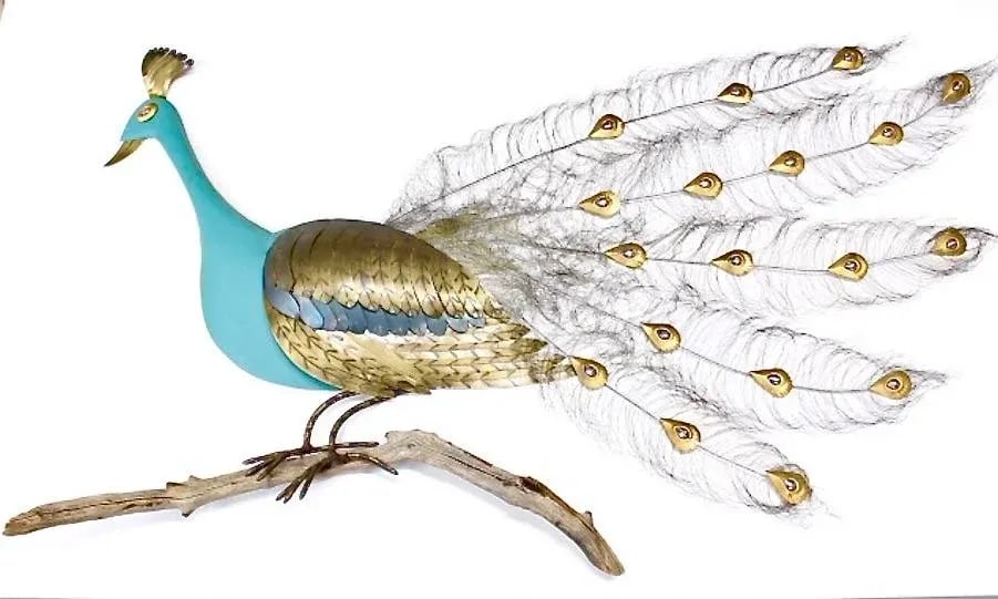 Vintage Bronze Blue Peacock on Branch Wall Sculpture - 6