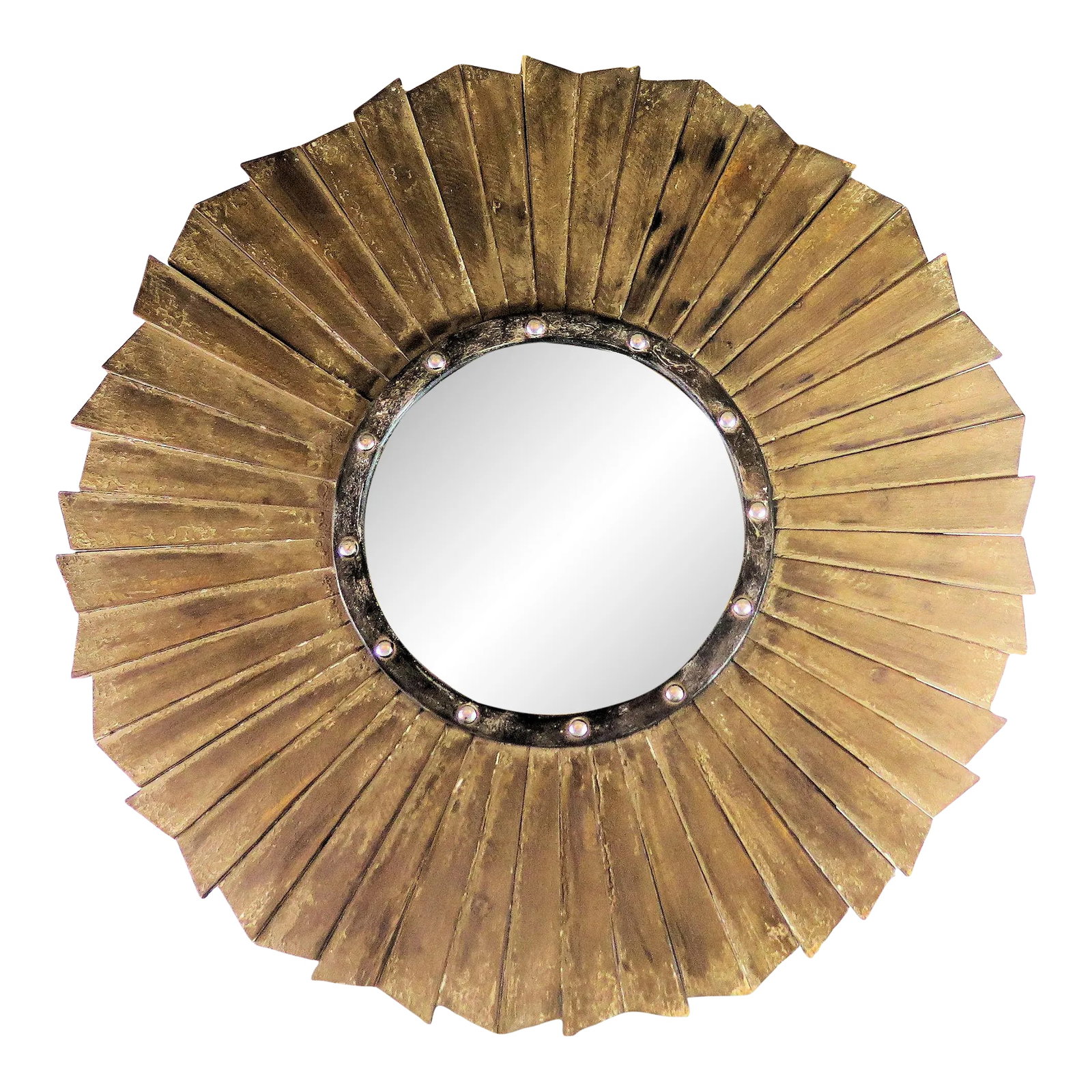 Large French Mid Century Sun Ray Style Wooden Plank Naturally Distressed Mirror: I love when a piece of furniture comes my way that allows me to imagine the origin and life that the piece has experienced. This French sun ray mirror is 17" encased in iron with large raised hand for