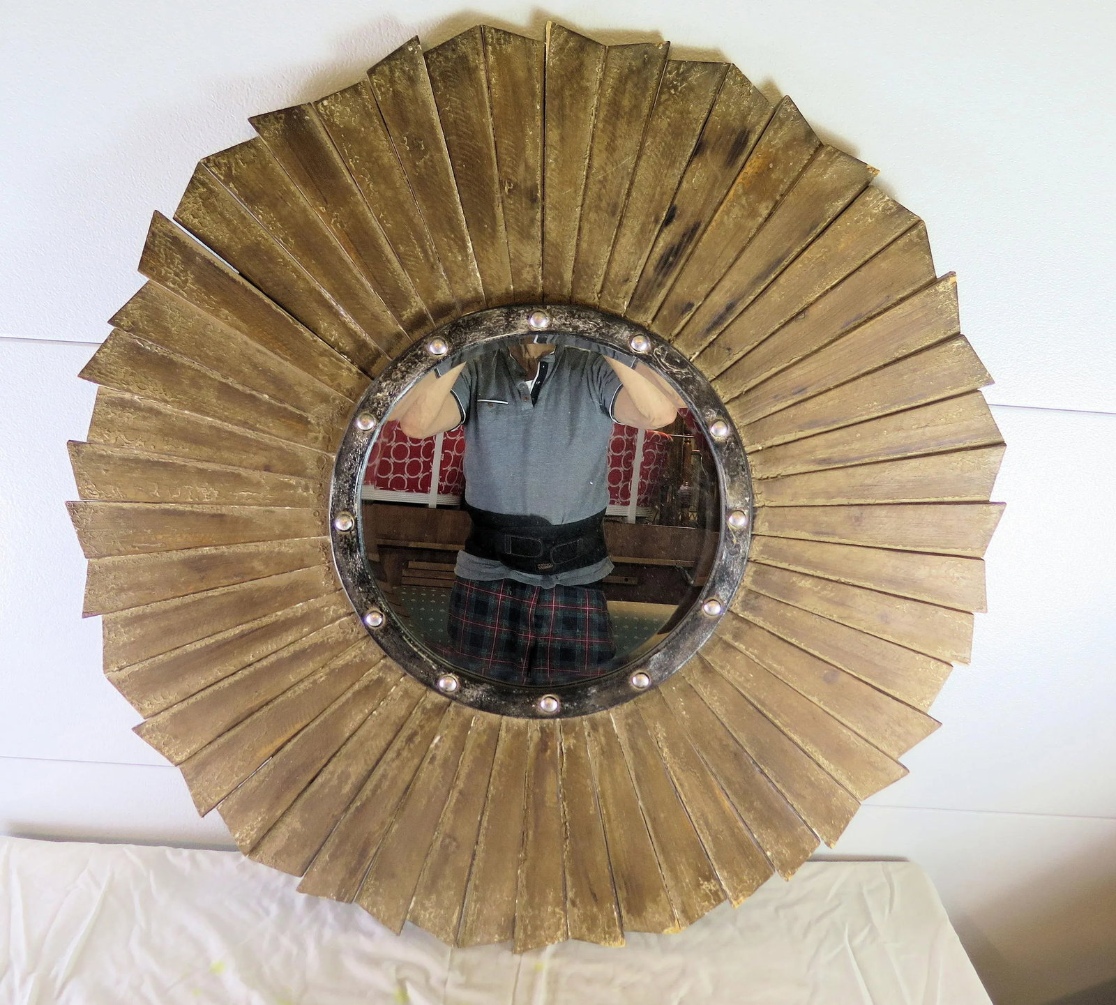 Large French Mid Century Sun Ray Style Wooden Plank Naturally Distressed Mirror - 3